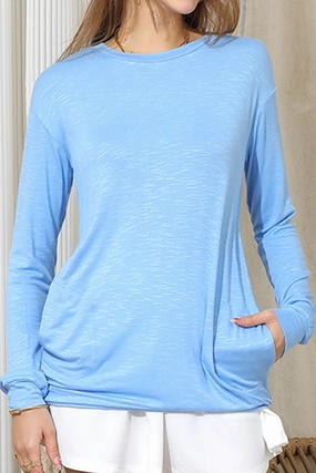 LONG SLEEVE ROUND NECK BASIC TUNIC TOP WITH POCKET Moisture wicking