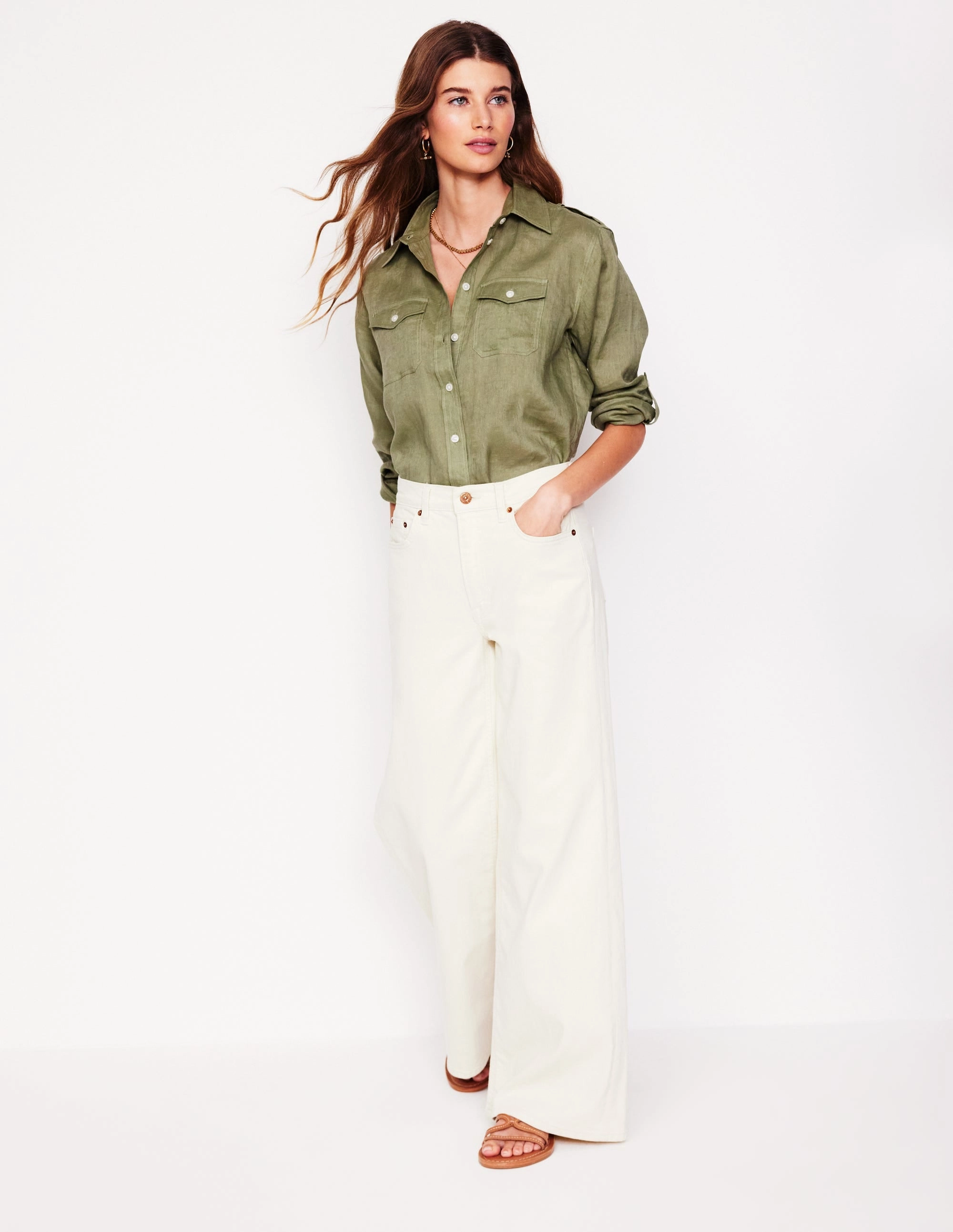 ZipperedPockets Longline Linen Safari Shirt-Larch Green