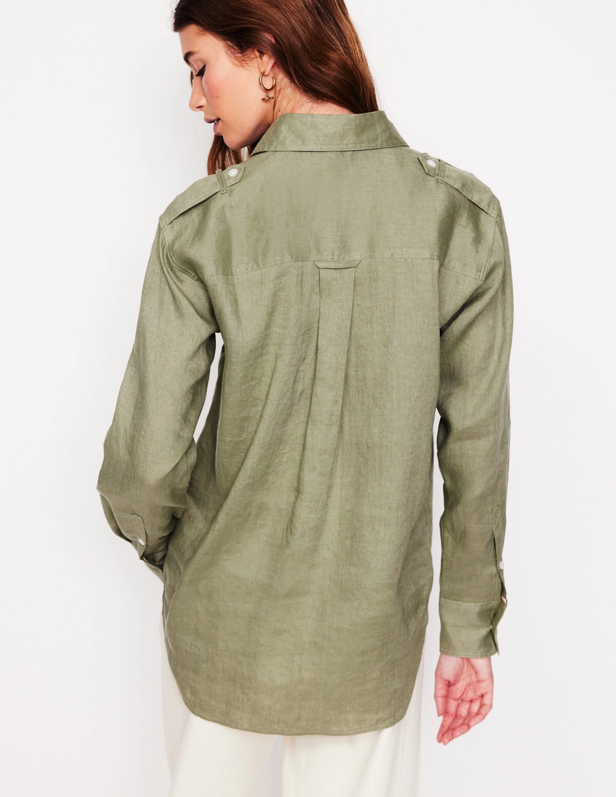 Bamboo Derived Material Contrast Stitch Longline Linen Safari Shirt-Larch Green