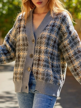 Loose button plaid color-blocking cardigan RawHemDetail Reflective Trims