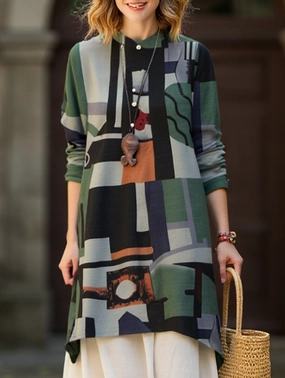 Loose casual bohemian mid-length shirt Wind Resistant Fabric Long Sleeve Polo