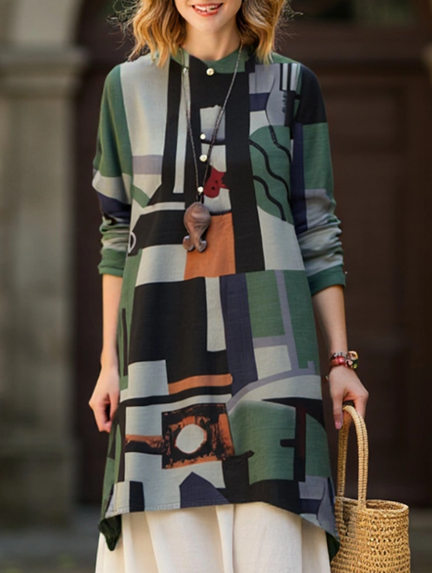 Loose casual bohemian mid-length shirt Wind Resistant Fabric Long Sleeve Polo