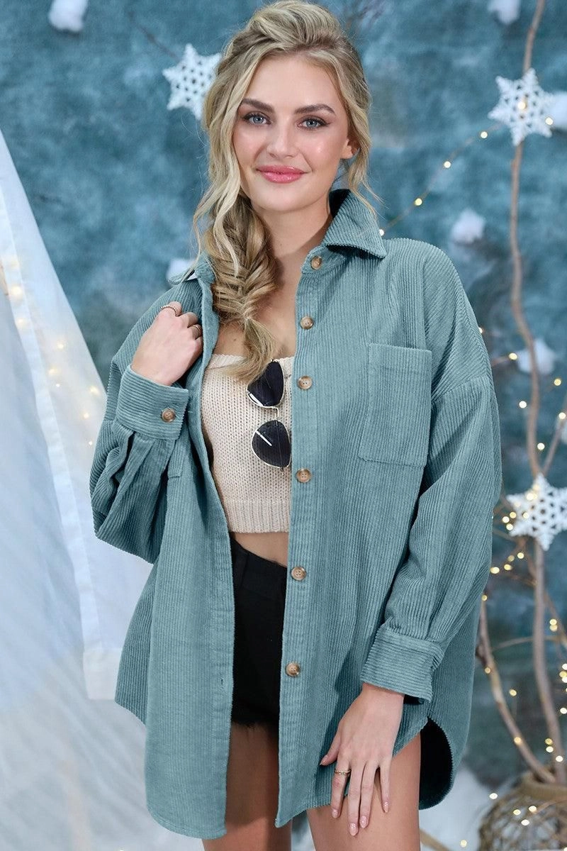 RibbedNeckline Knit Fabric Technology LOOSE FIT CORDUROY SHIRTS JACKET SHACKET