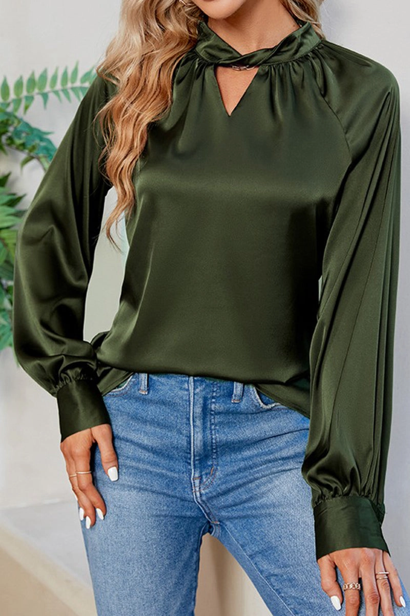 LOOSE FIT KEYHOLE NECK BUTTON CUFF GLOSSY BLOUSE HeavyweightThermal