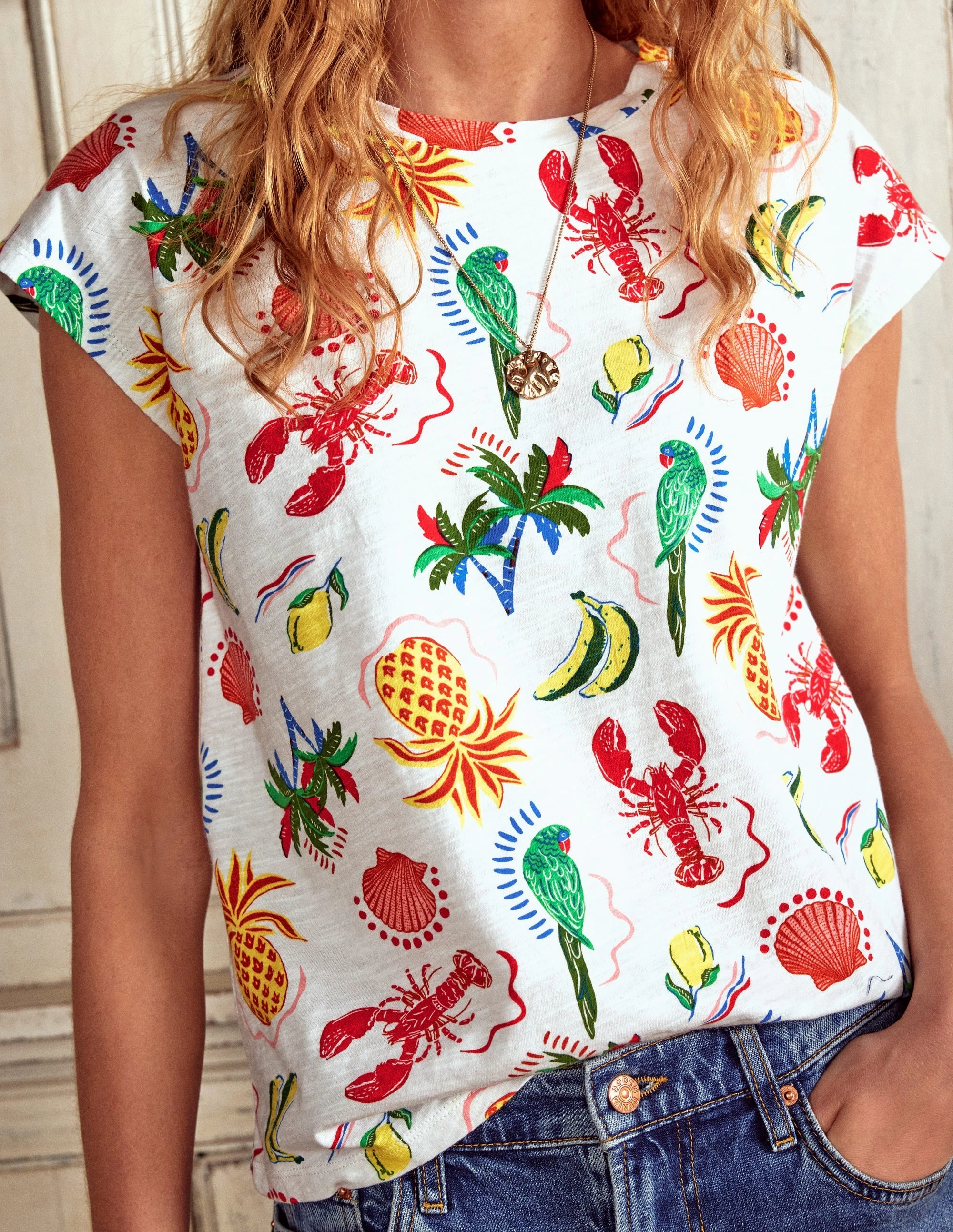 Organic Cotton Blend casual top Louisa Slub T-Shirt-Ivory, Tropical Bonanza