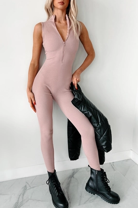 Luck Of The Draw Ribbed Half Zip Jumpsuit (Dusty Pink) Day To Night Layered Fit