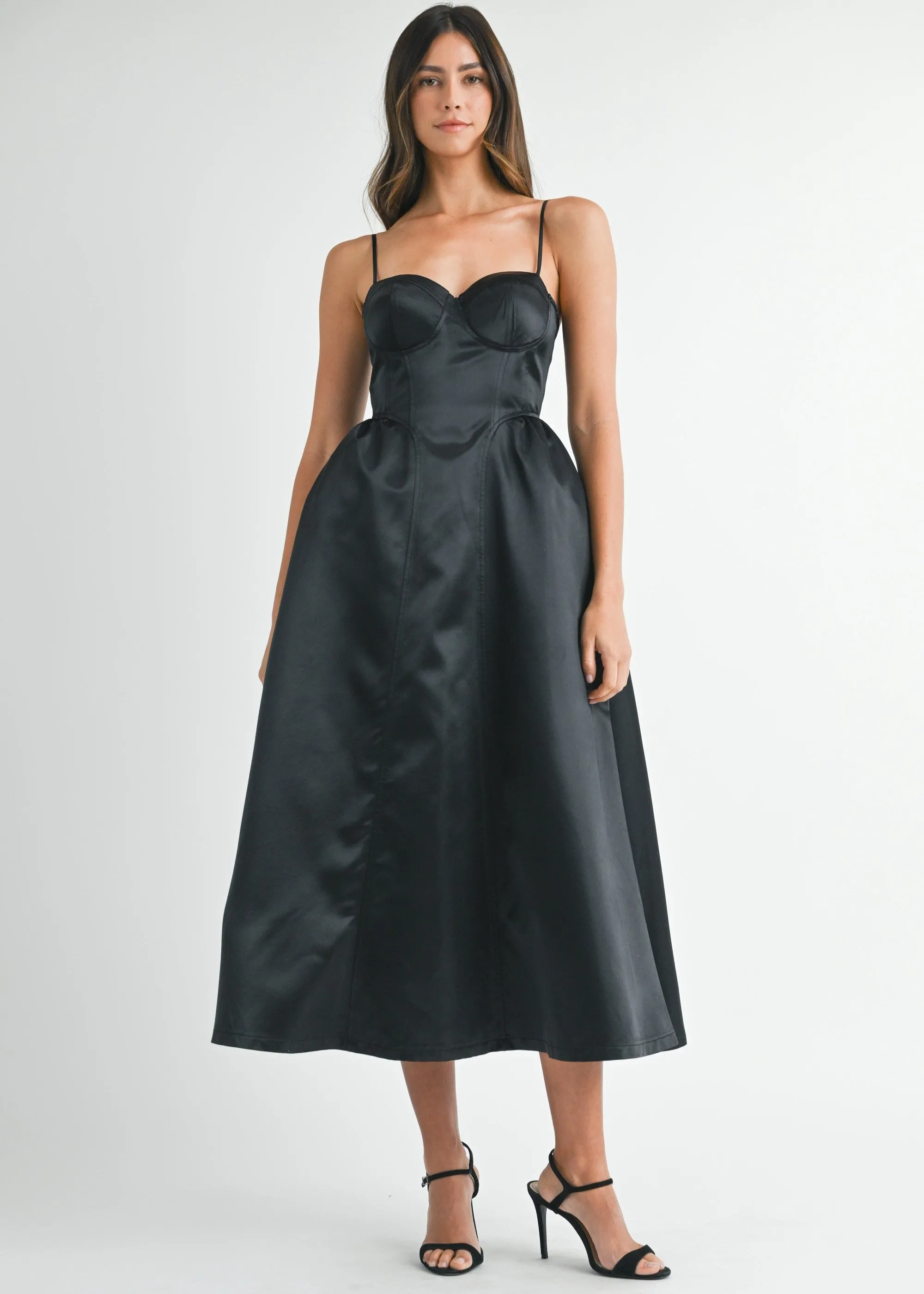 LUNA SOLID TAFFETA BUSTIER MIDI DRESS Tall-Fit Joyful Look