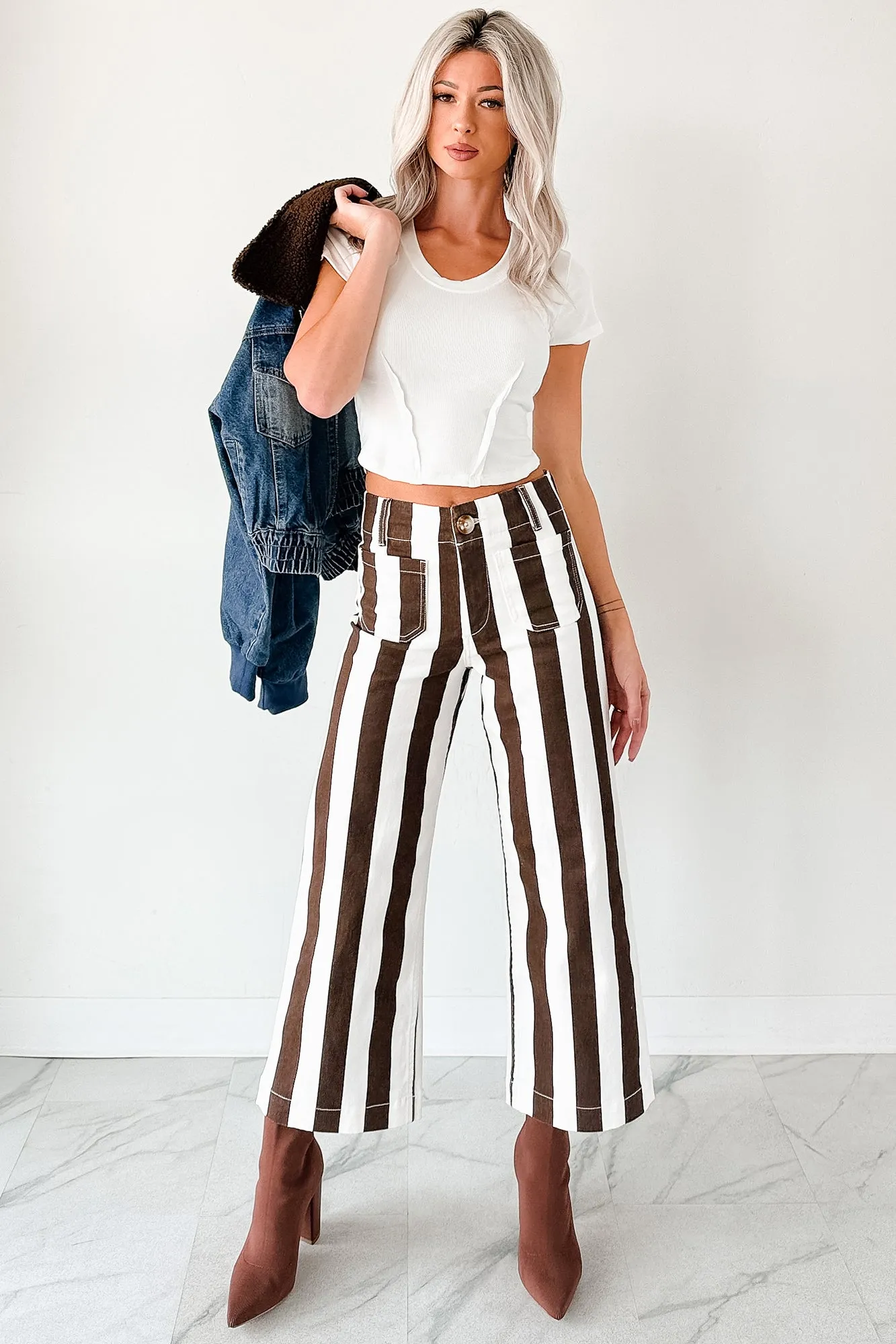 Youth Style Weekend Style Rainy Day Julia Wide Leg Mica Denim Crop Jeans (Earth Brown/White) - Ships By 10/9