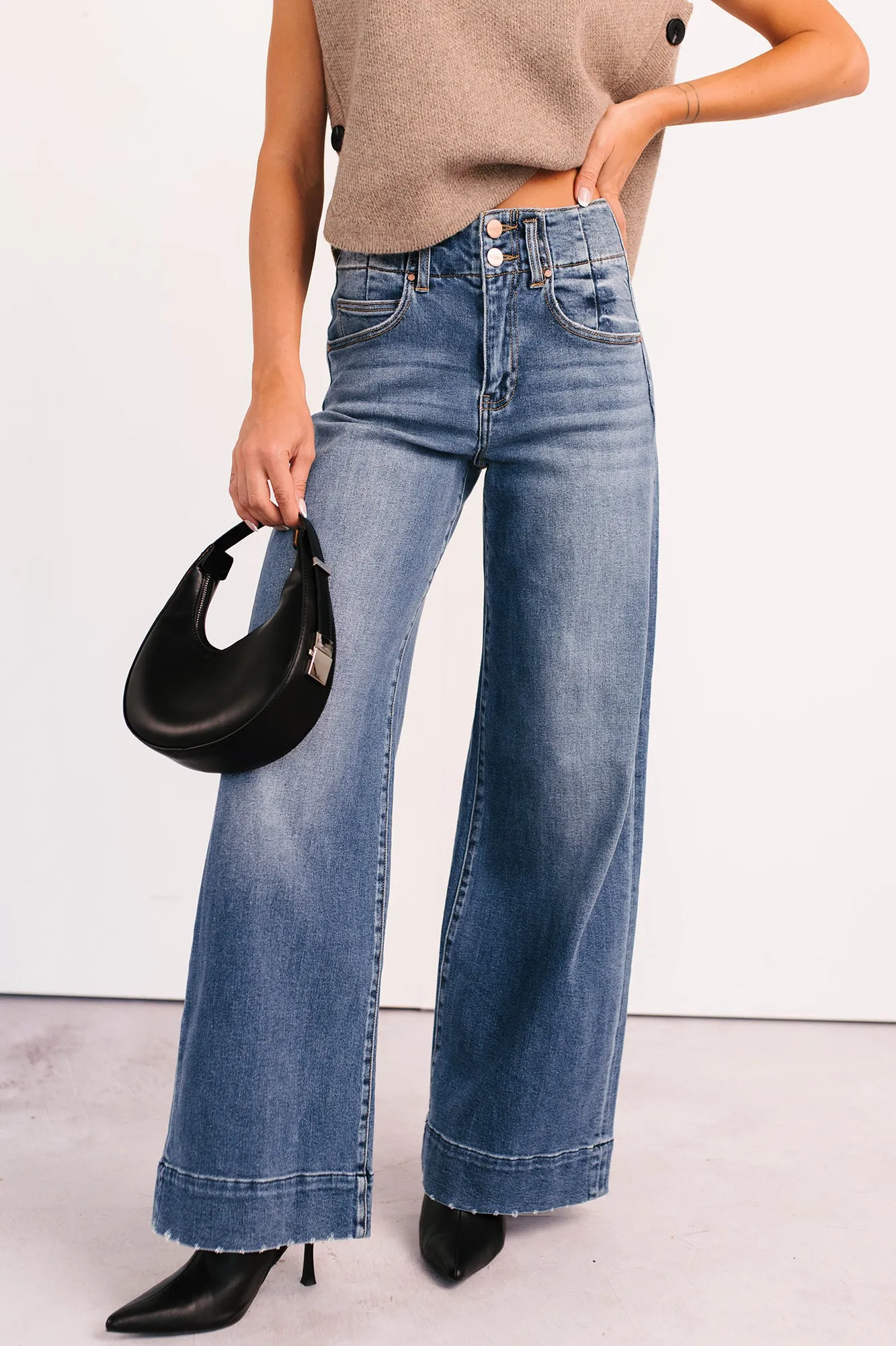 Effortless Style Shape Retention Calla Wide Leg High Rise Risen Jeans (Dark)