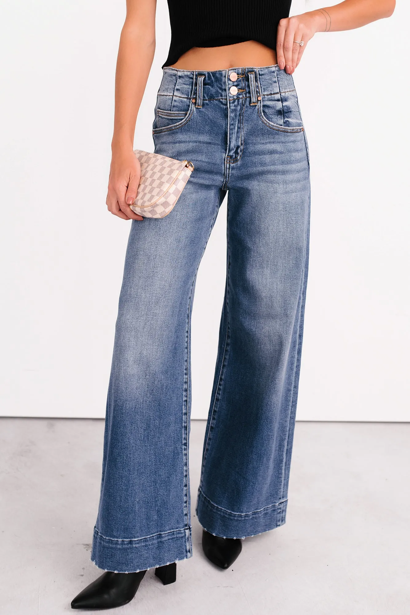 Reinforced Hem Stitching Non Restrictive Mobility Calla Wide Leg High Rise Risen Jeans (Dark)