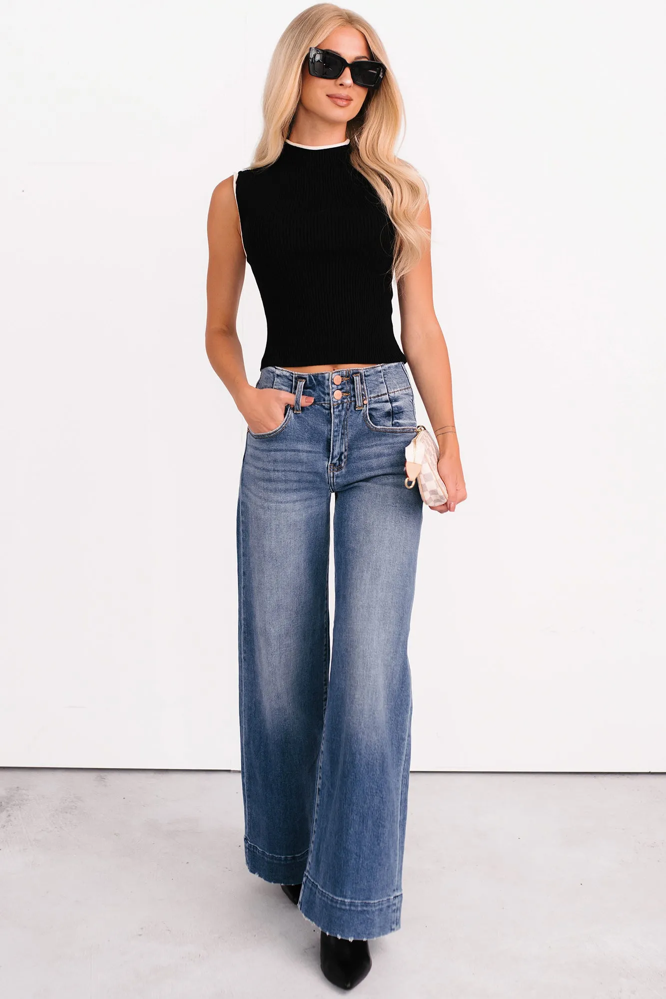 Calla Wide Leg High Rise Risen Jeans (Dark) Yarn Dyed Fabric