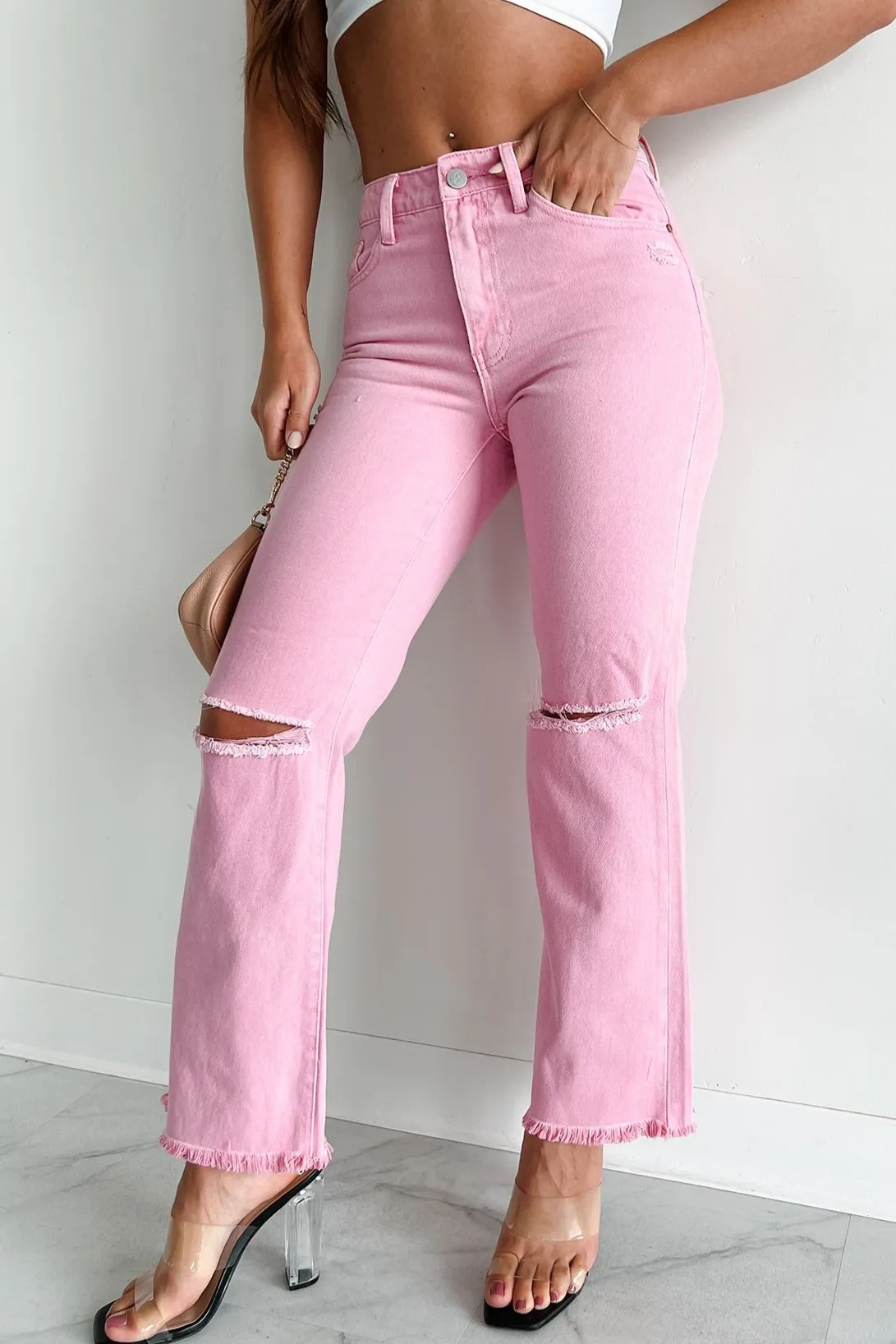 UltraLightweight HighNeckCut DOORBUSTER Bernina High Rise Slim Straight Jeans (Pink)