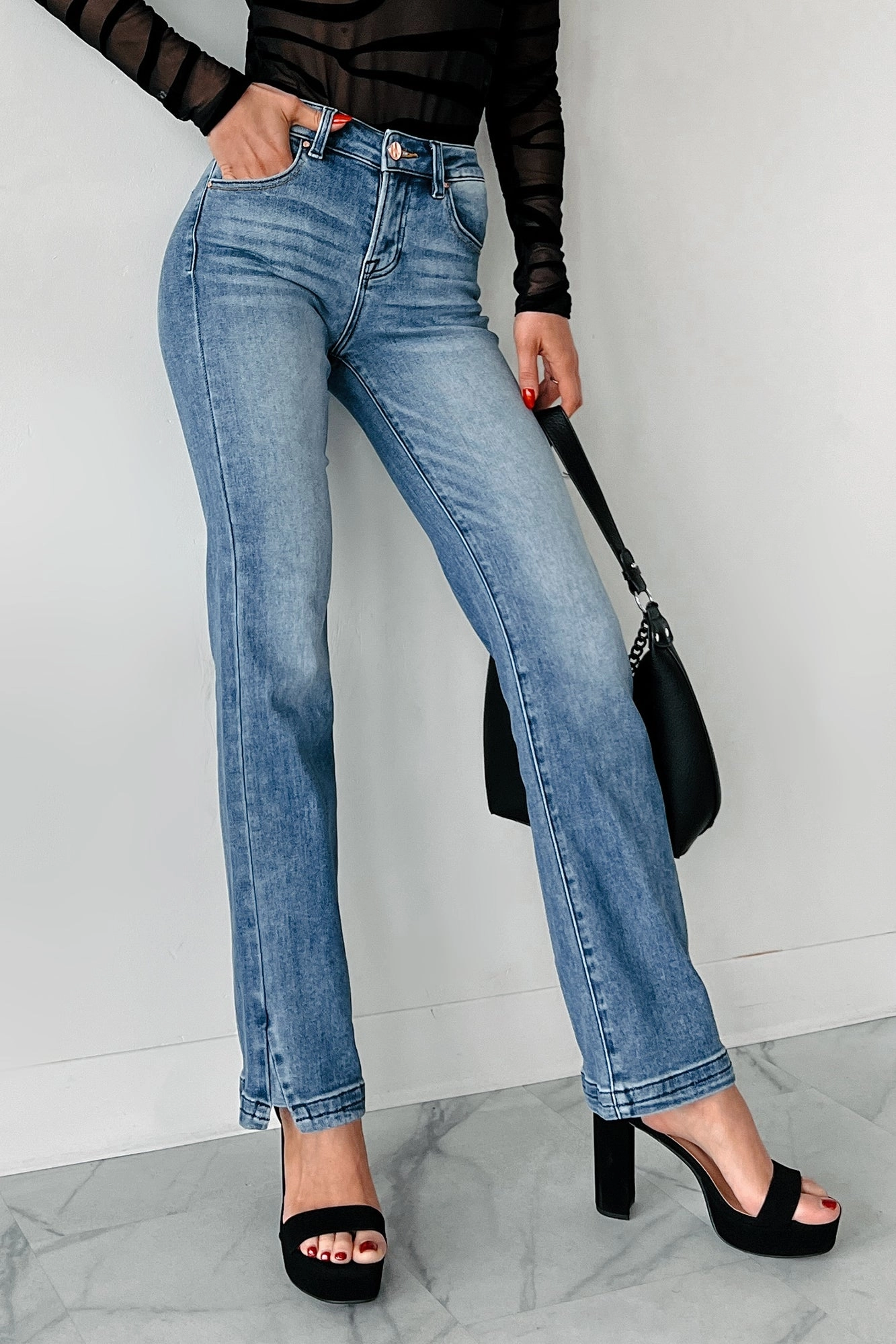 Moses Mid Rise Ankle Slit Straight Leg Risen Jeans (Dark) DoubleStitching