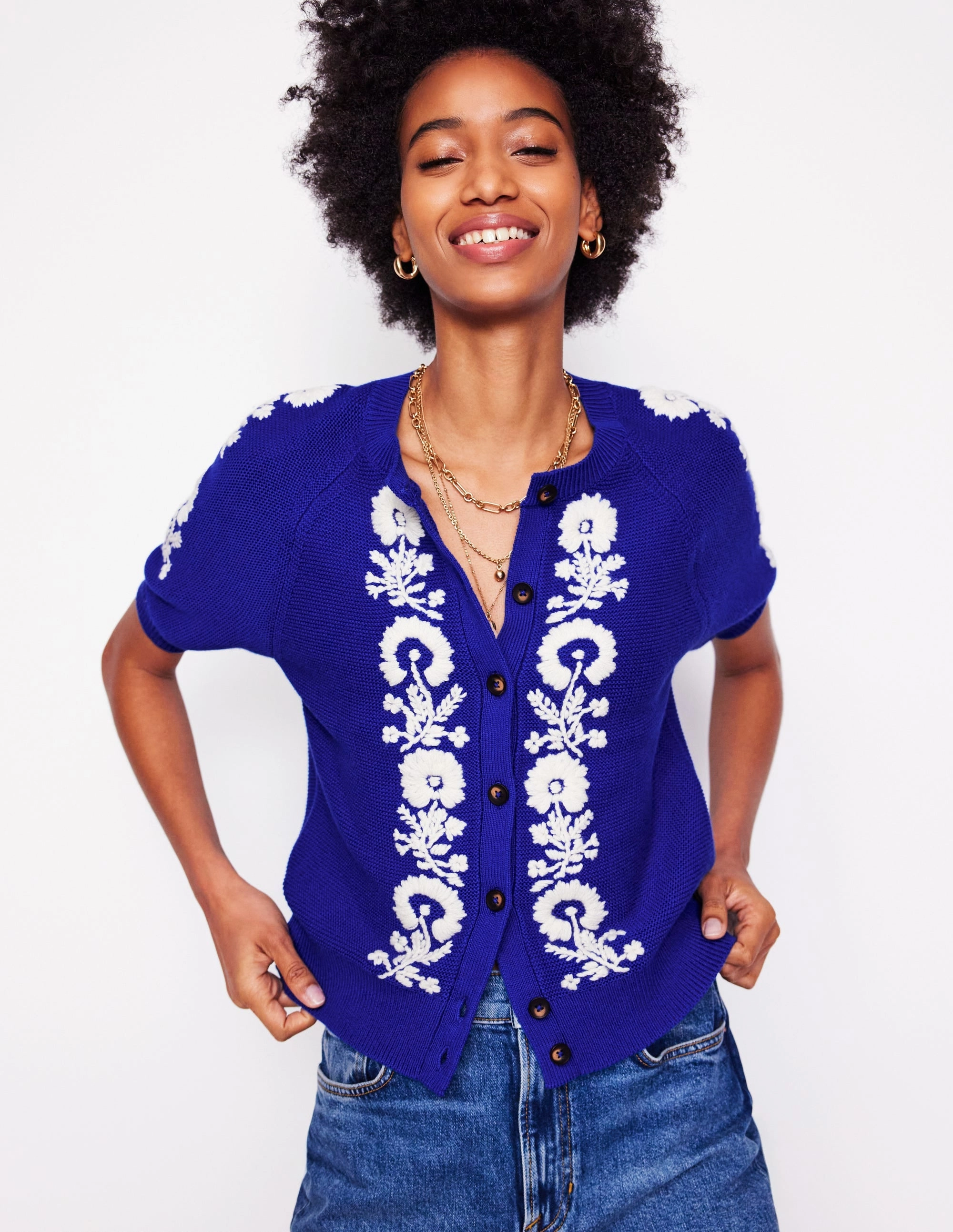 Stretch Knit Backing Embroidered T-Shirt Cardigan-Bright Blue, Flowers