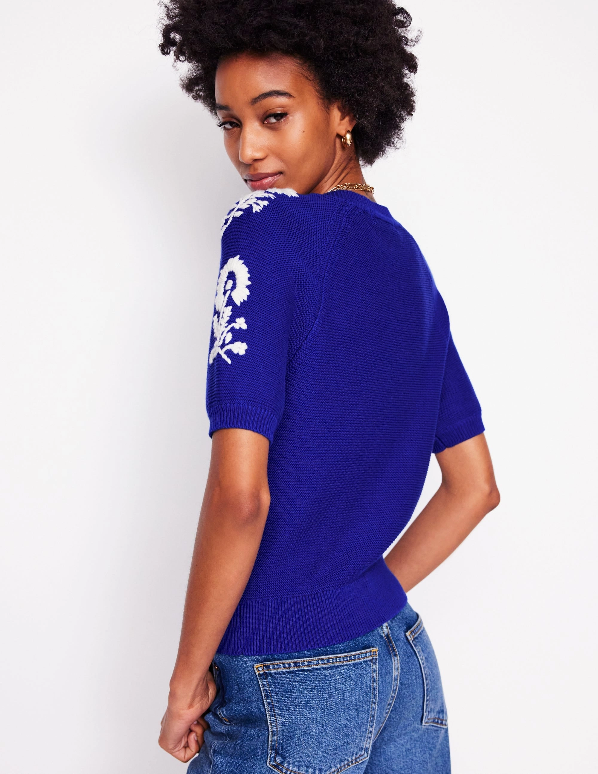 Urban Layer Soft Touch Embroidered T-Shirt Cardigan-Bright Blue, Flowers