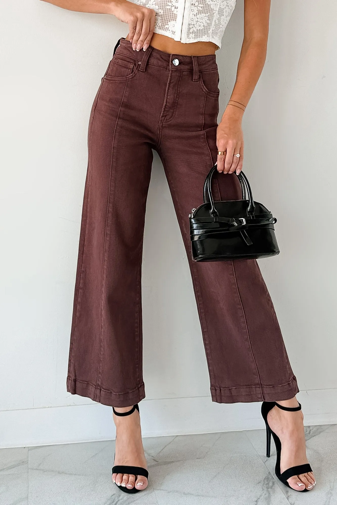 Reinforced Stitching Maizie Tummy Control Wide Leg Cropped Risen Jeans (Choco Brown)
