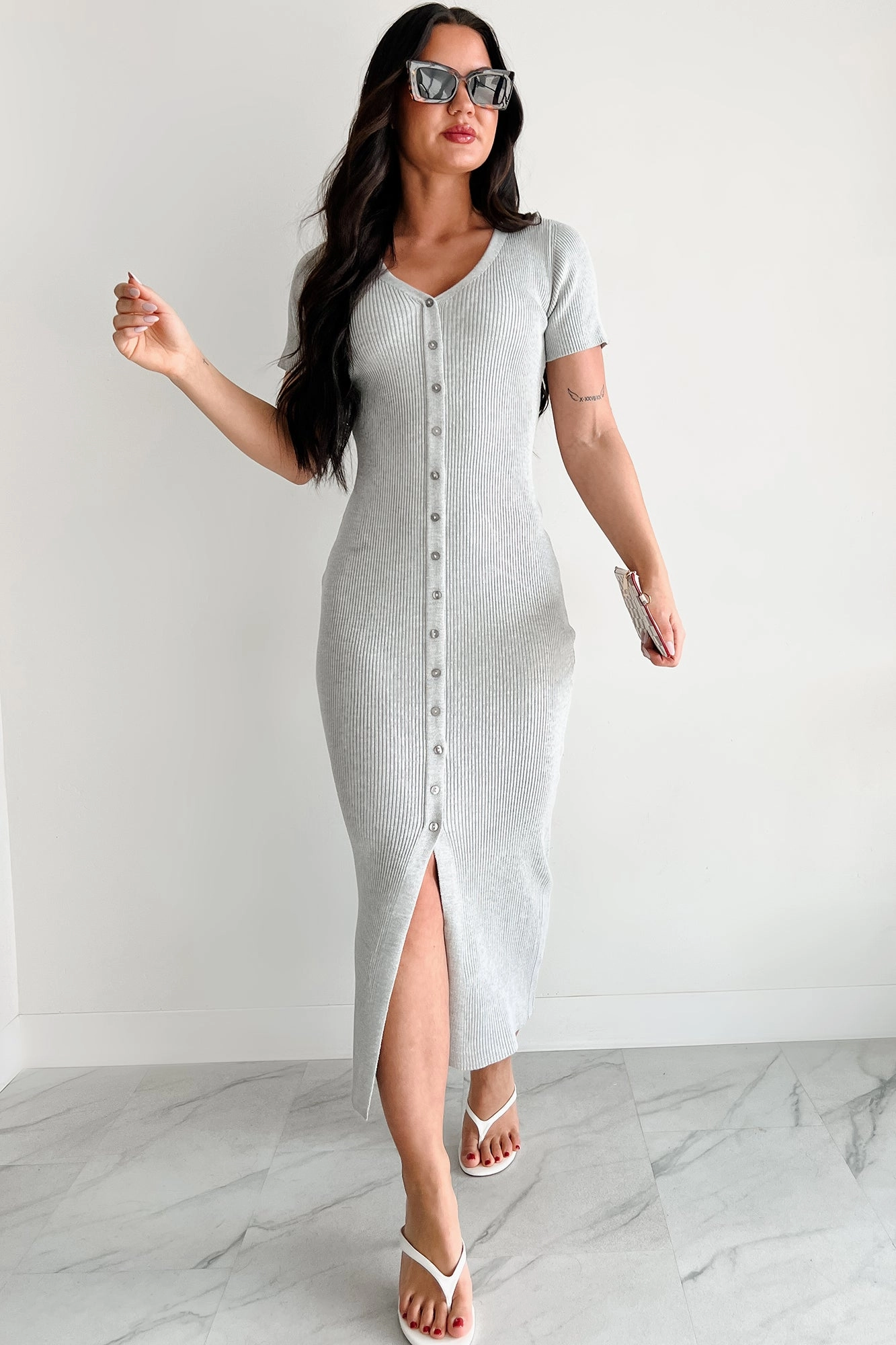 Long Sleeve Make It Look Easy Button Front Maxi Dress (Grey)