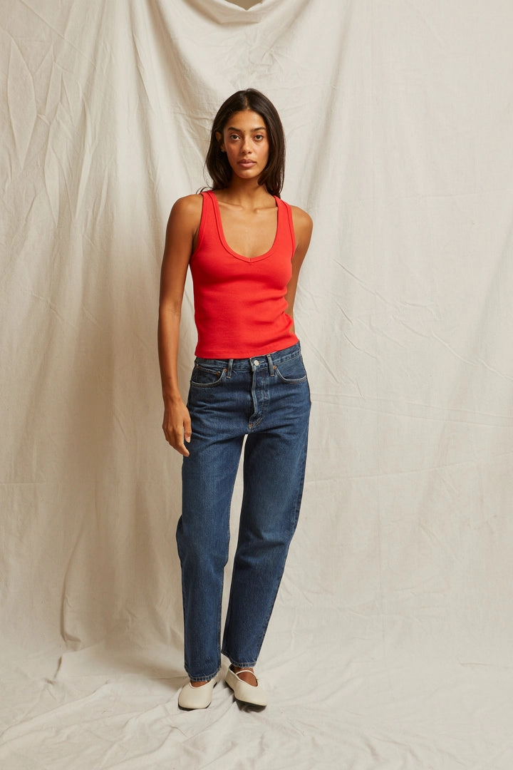 AdaptiveFitFabric YarnDyed Stripes Maria Ribbed V-Neck Tank in Poppy Red