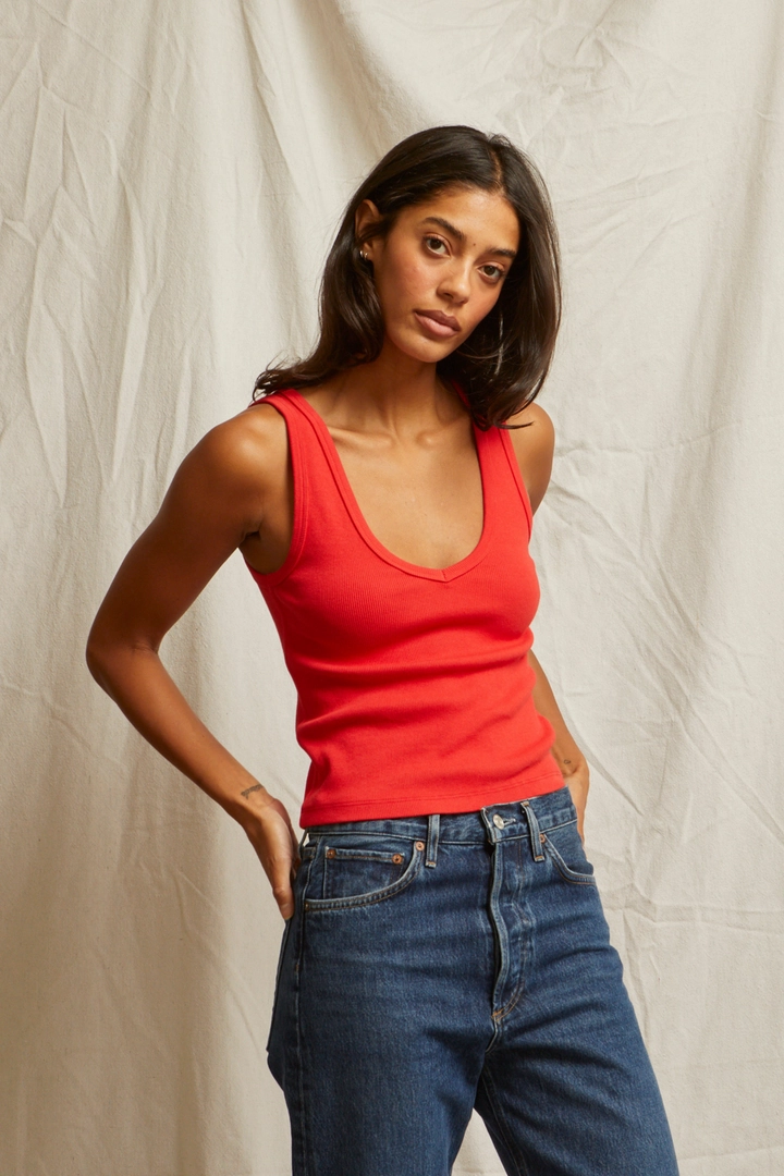 Maria Ribbed V-Neck Tank in Poppy Red TearResistantWeave PortableOption