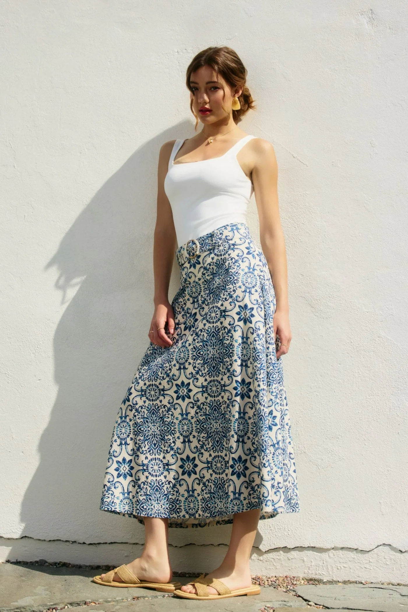 Sleek Comfort Cozy Finish MARISSA MOSAIC BELTED MIDI SKIRT