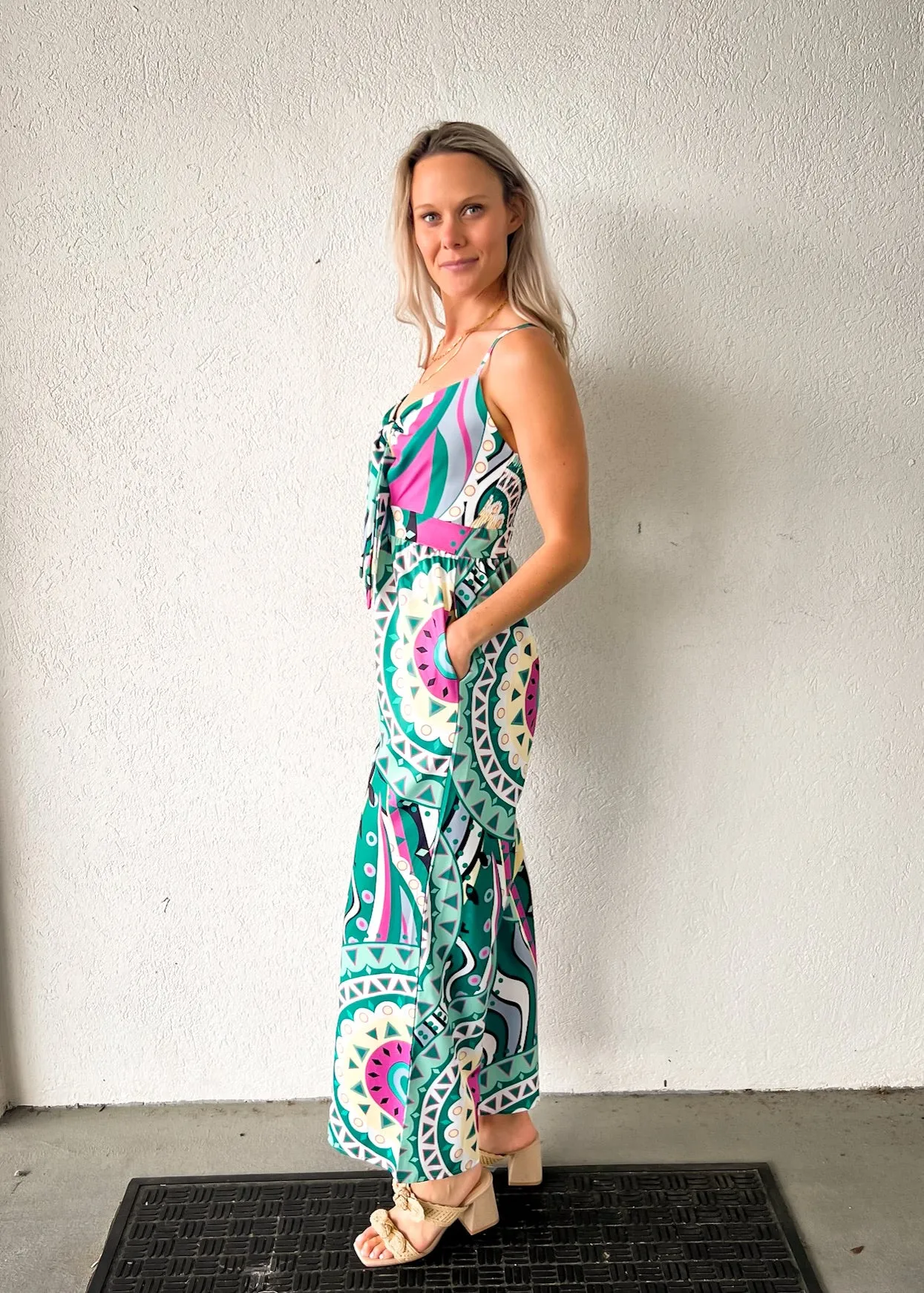 MAYVE PRINT SMOCKED JUMPSUIT AdjustableNeckline