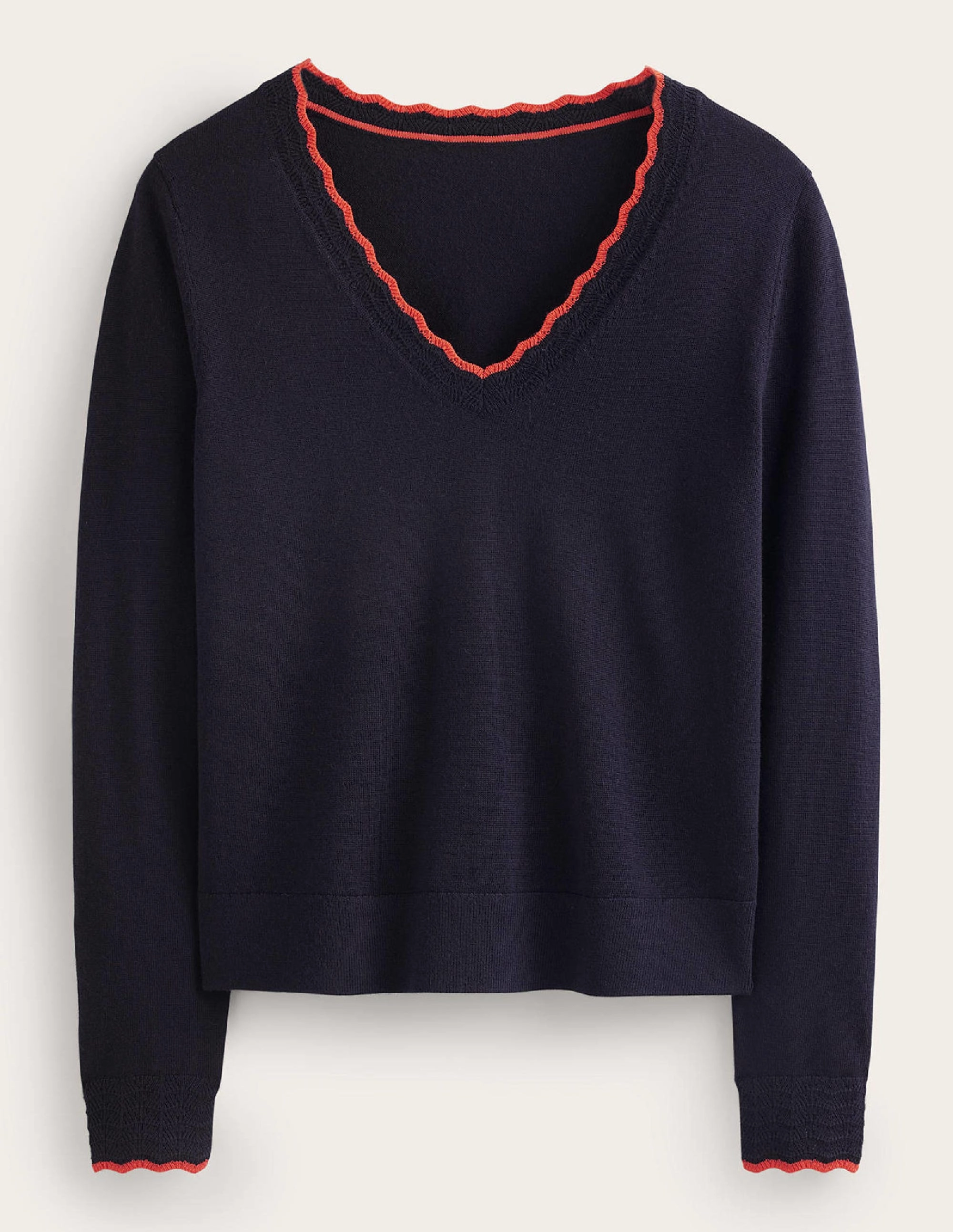 Merino Scallop V-Neck Jumper-Navy Odor Resistant Treatment Light Warmth