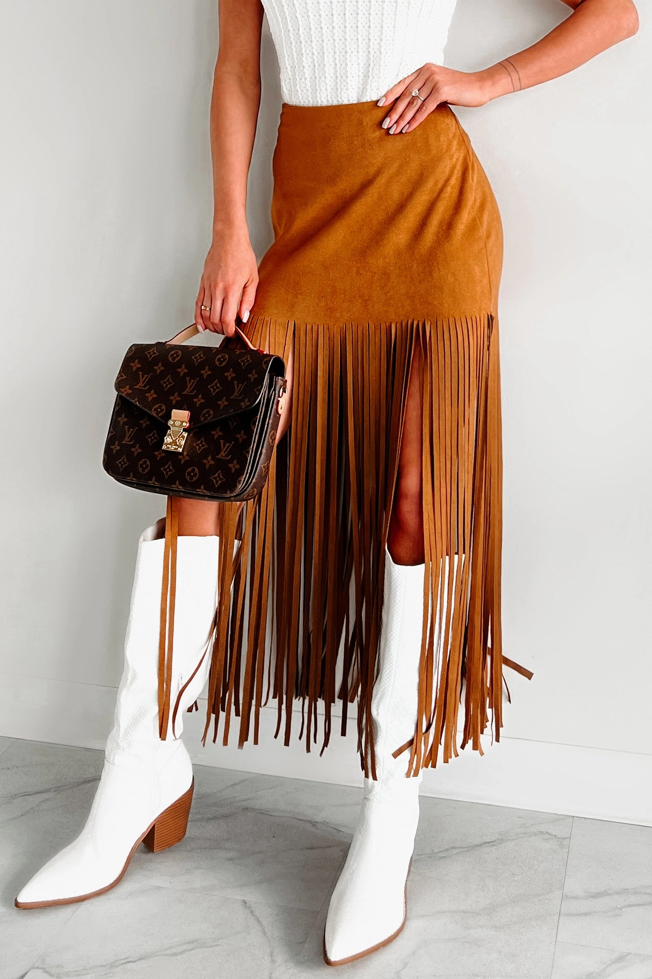 Merla Faux Suede Fringe Skirt (Camel) Shape Retention