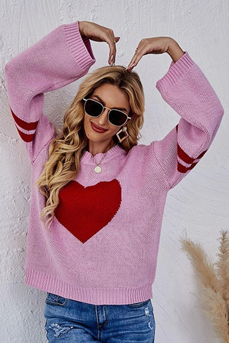 WOMEN OVERSIZED HEART PRINTING RIBBED PULLOVER TOP Compression Fit RibbedCuff