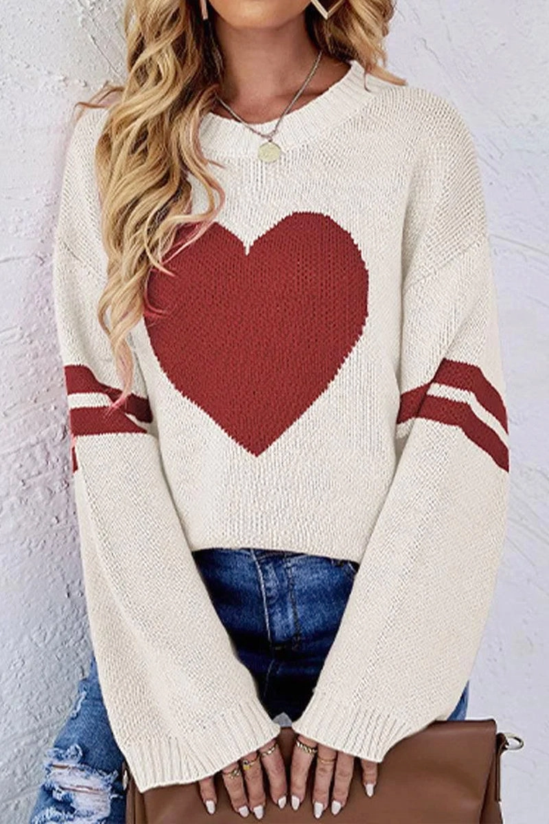 AdjustableHem WOMEN OVERSIZED HEART PRINTING RIBBED PULLOVER TOP