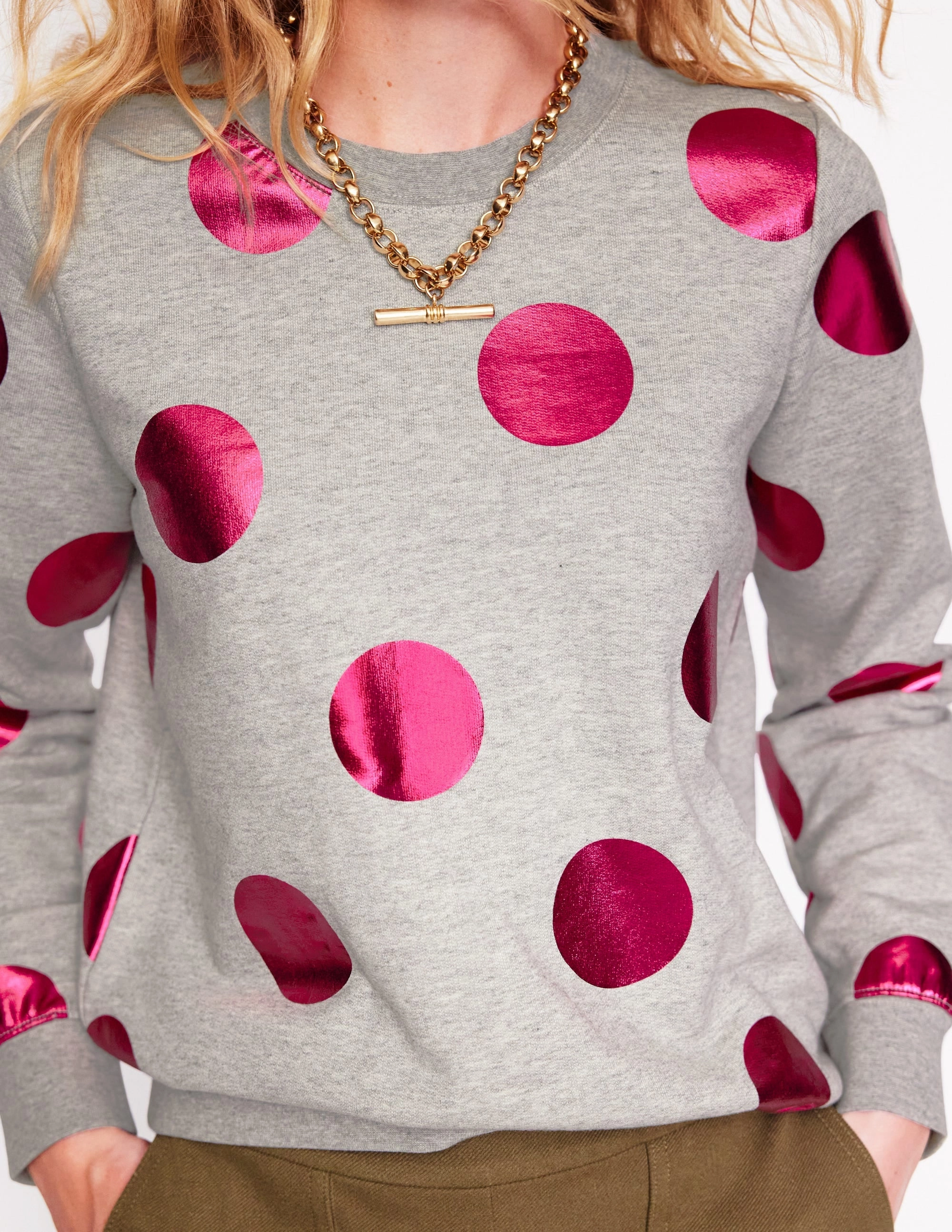Hannah Printed Sweatshirt-Grey Marl, Pink Spot Minimalist Silhouette Cut BuiltInLayer