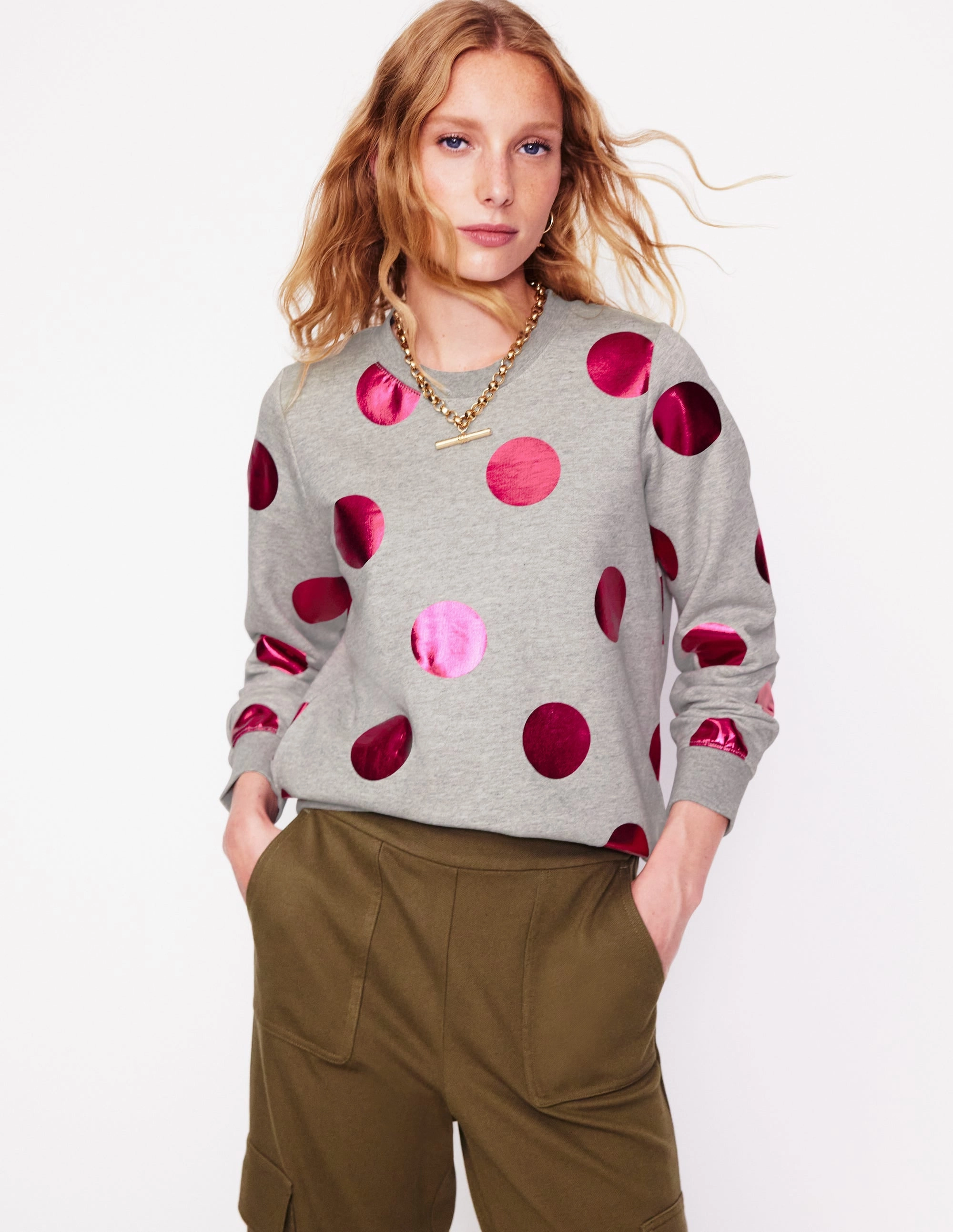 Hannah Printed Sweatshirt-Grey Marl, Pink Spot Long Sleeve Shirt Winter Layer