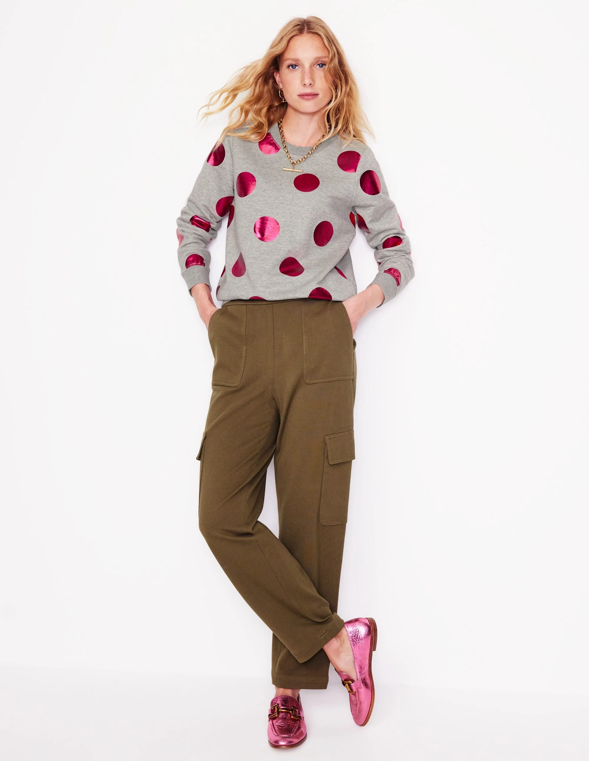 Stretchable Neckline MidweightJersey Hannah Printed Sweatshirt-Grey Marl, Pink Spot