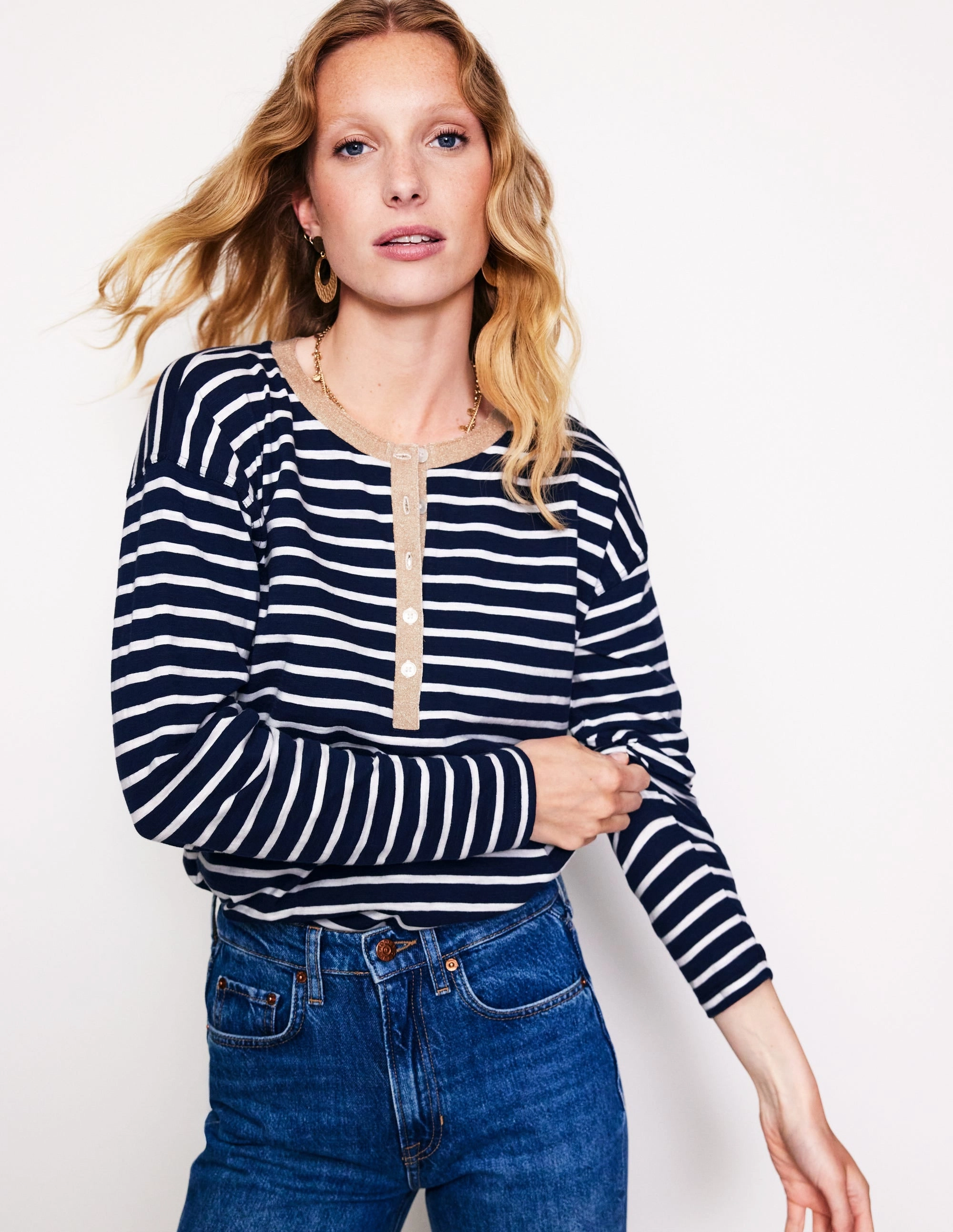 HiddenStoragePocket AntiPillingFinish Metallic Trim Henley Top-Navy, Ivory Stripe
