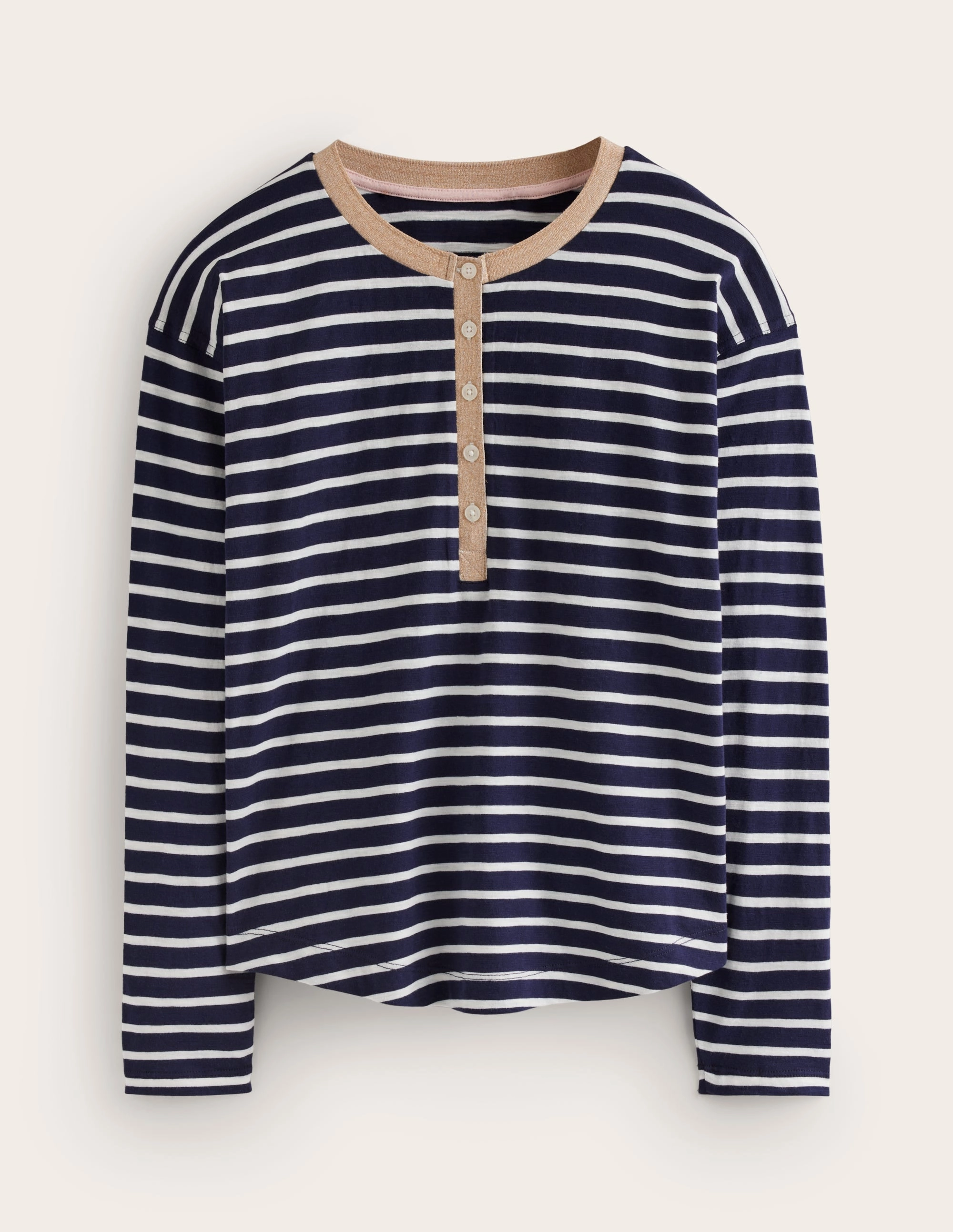 Metallic Trim Henley Top-Navy, Ivory Stripe Abrasion Resistant Fabric Stylish T-shirt