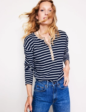 Elastic Edge Binding Metallic Trim Henley Top-Navy, Ivory Stripe