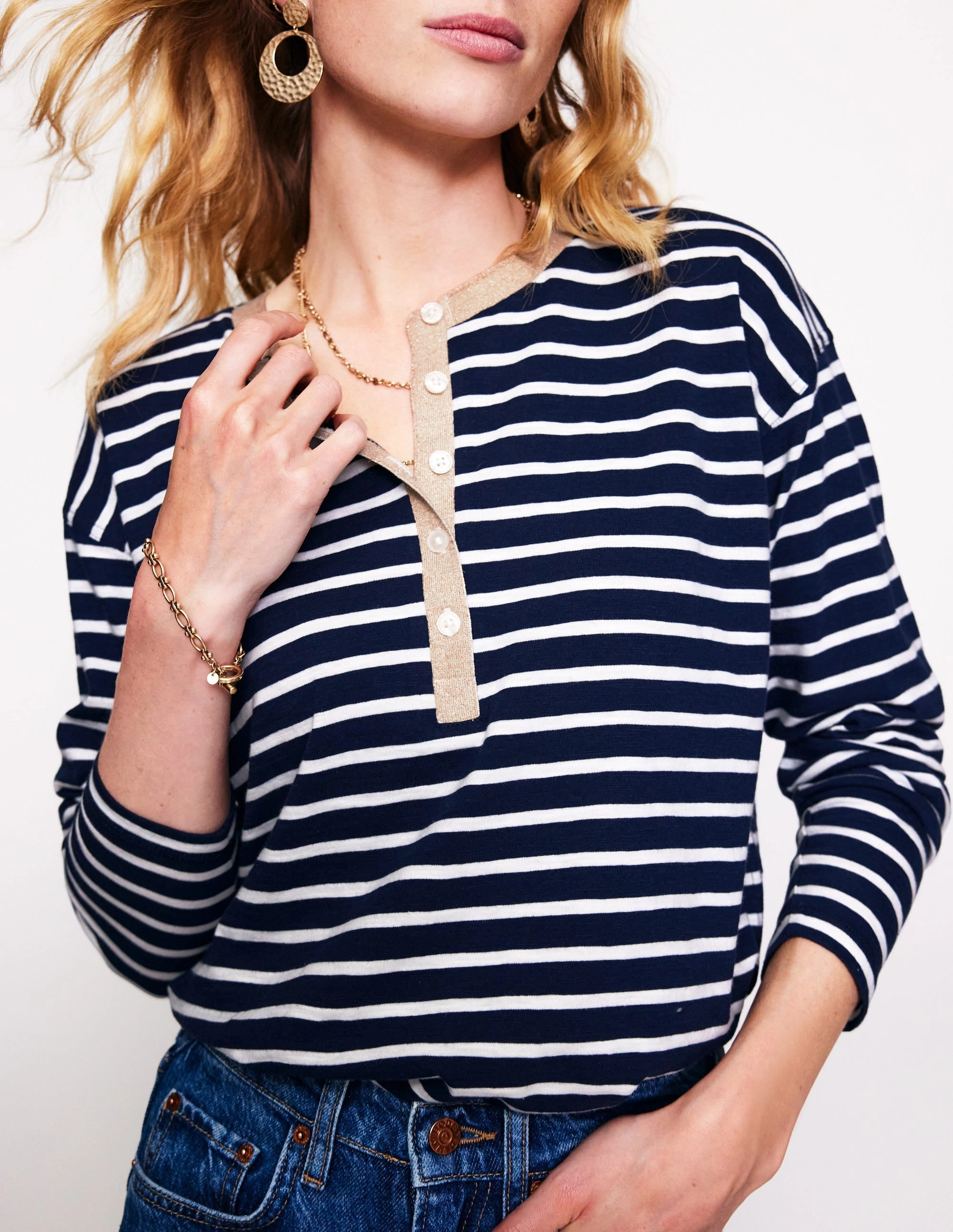 Metallic Trim Henley Top-Navy, Ivory Stripe WrinkleFree Weave