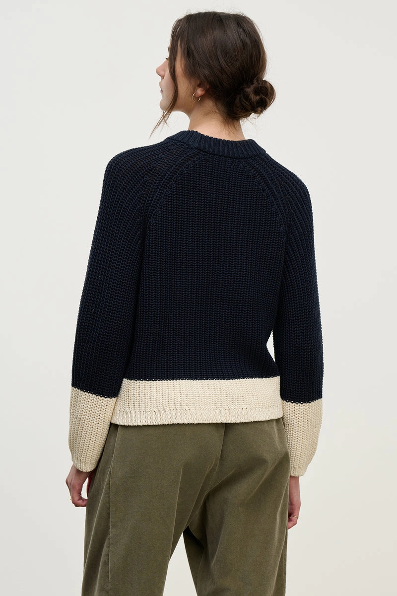 High Neckline Shay Colorblock Crew Sweater in Navy
