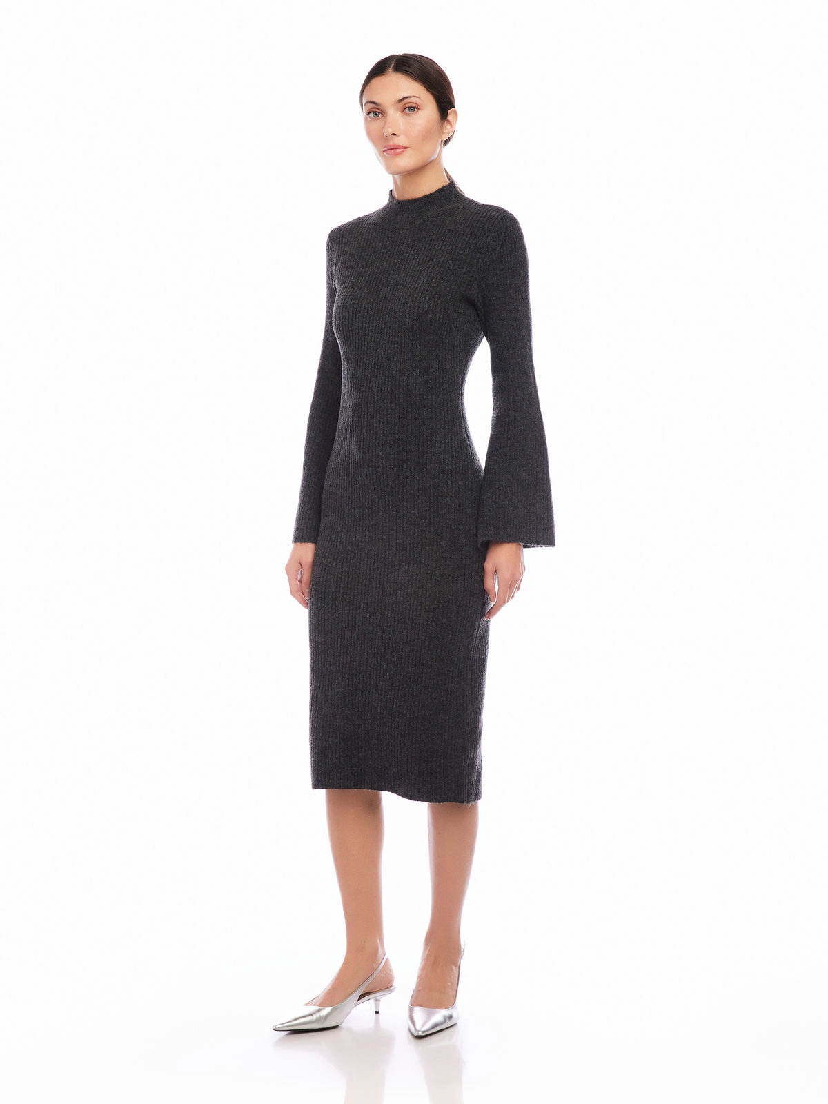 Compact Jacquard Weave TumbleDryFriendlyMaterial Midi Sweater Dress in Charcoal