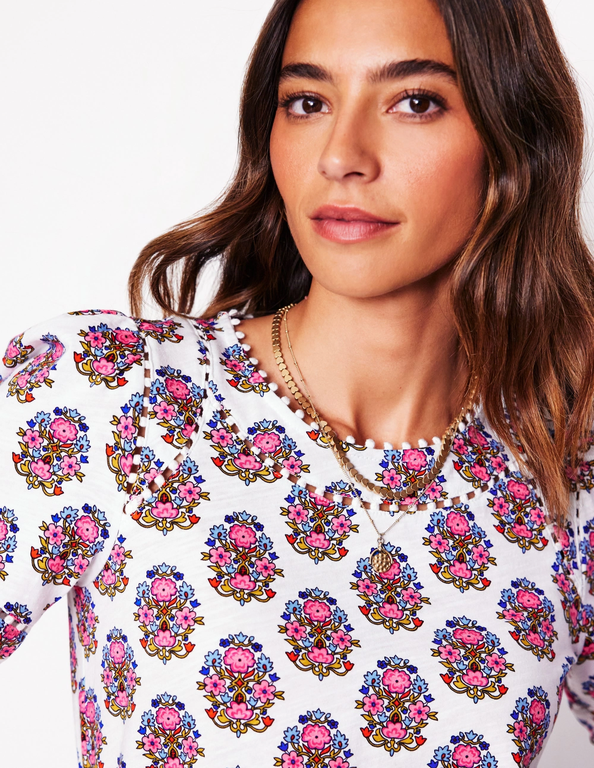 Mila Trim Detail Top-Ivory, Wildflower Stamp QuickDry Technology High Neckline