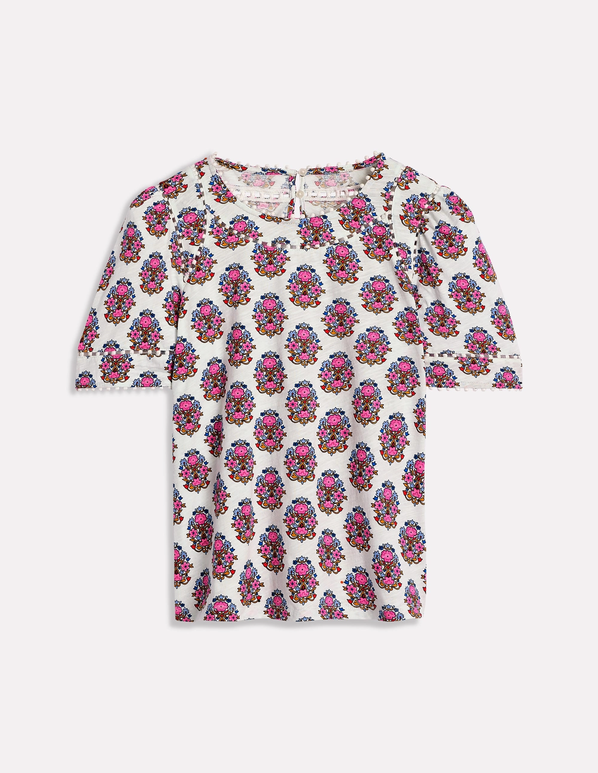 Sustainable Cotton Noise Reducing Fabric Treatment Mila Trim Detail Top-Ivory, Wildflower Stamp