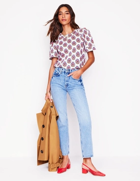 Tear Resistant Fiber Blend ReinforcedShoulders Mila Trim Detail Top-Ivory, Wildflower Stamp