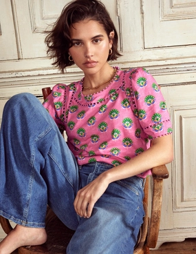 Mila Trim Detail Top-Pink, Ornamental Floral Sprig Hypoallergenic fabric