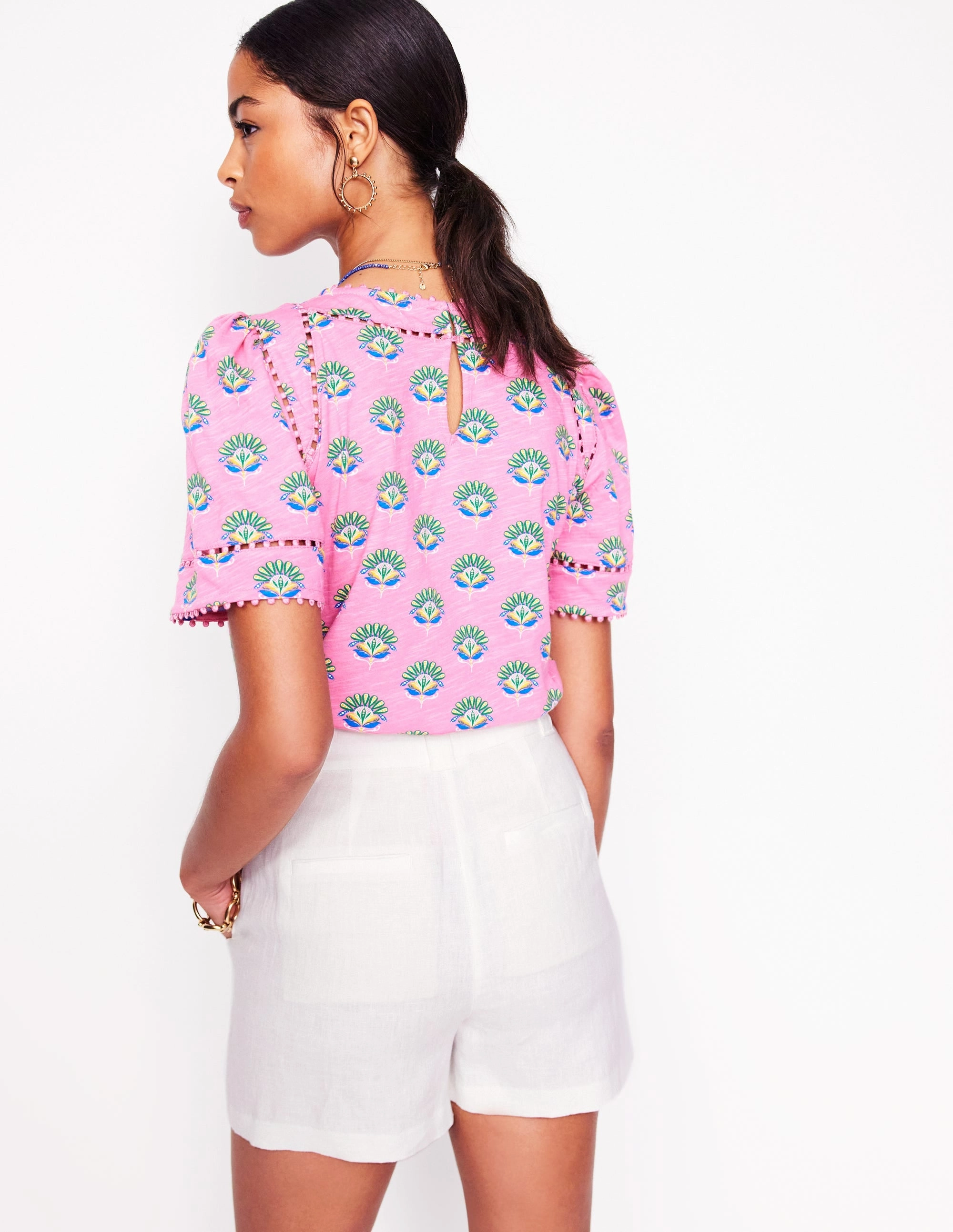 Mila Trim Detail Top-Pink, Ornamental Floral Sprig Bonded Seam Construction