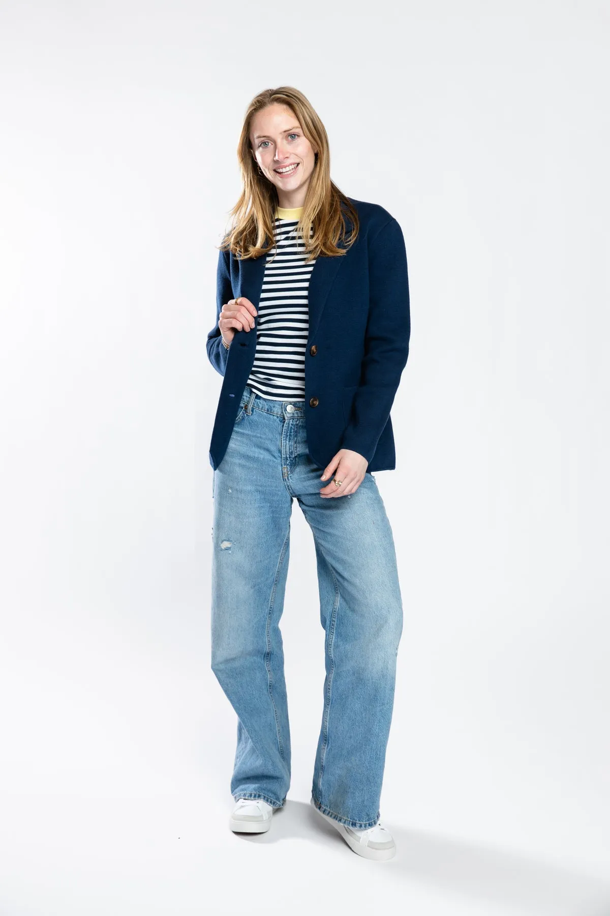 Milly Single Breasted Blazer in Navy Trendy Cardigan WideNeckOpening