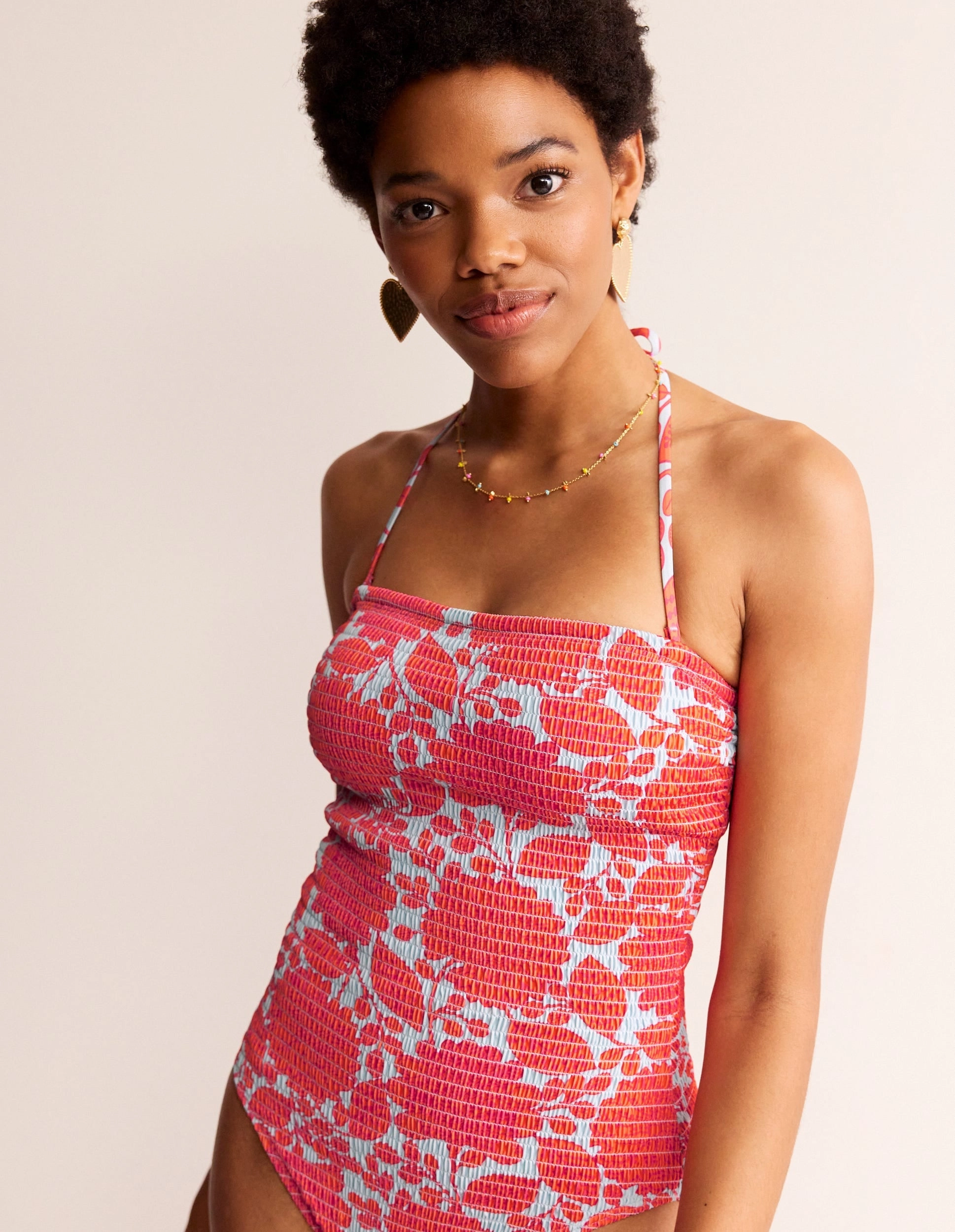 Milos Smocked Bandeau Swimsuit-Fire Cracker, Gardenia Swirl Cool-Shade