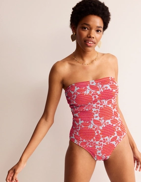 Retro-Glam Milos Smocked Bandeau Swimsuit-Fire Cracker, Gardenia Swirl