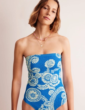 Milos Smocked Bandeau Swimsuit-Indigo Bunting, Abstract Charm High-Neck pool party