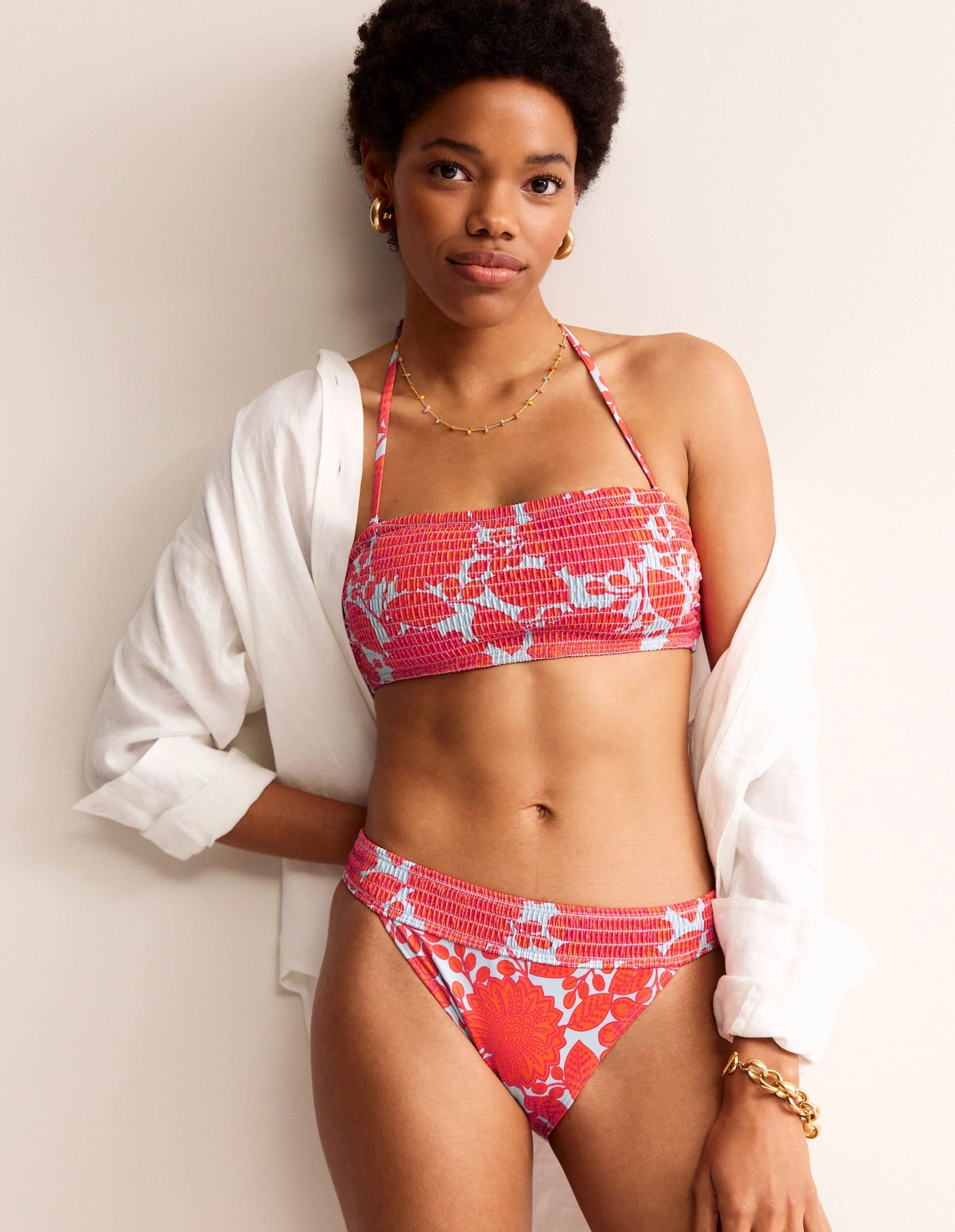Milos Smocked  Bikini Top-Fire Cracker, Gardenia Swirl Quick Dry Lining Reinforced Hems