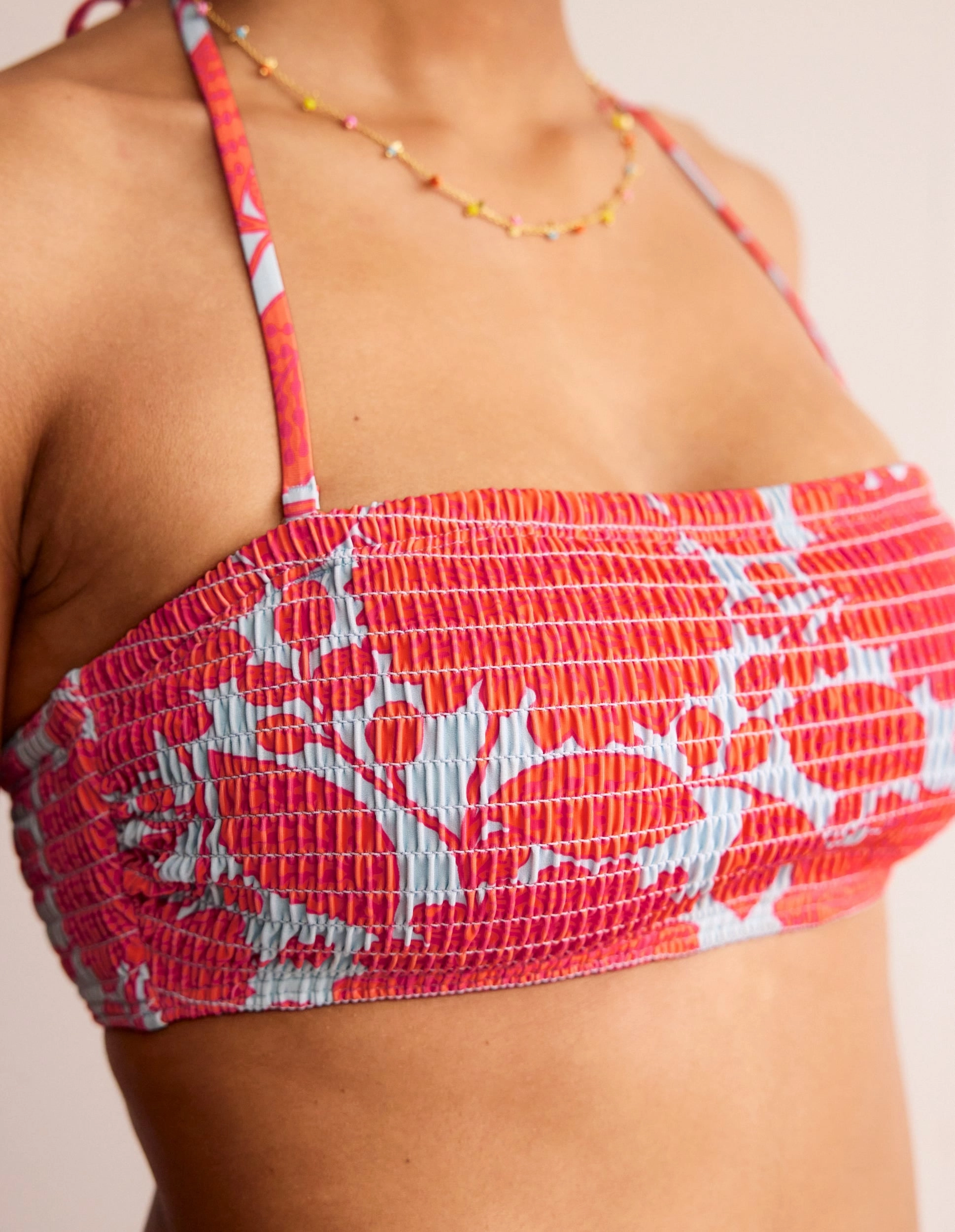 Milos Smocked  Bikini Top-Fire Cracker, Gardenia Swirl Fresh Vibes Lightweight Compression