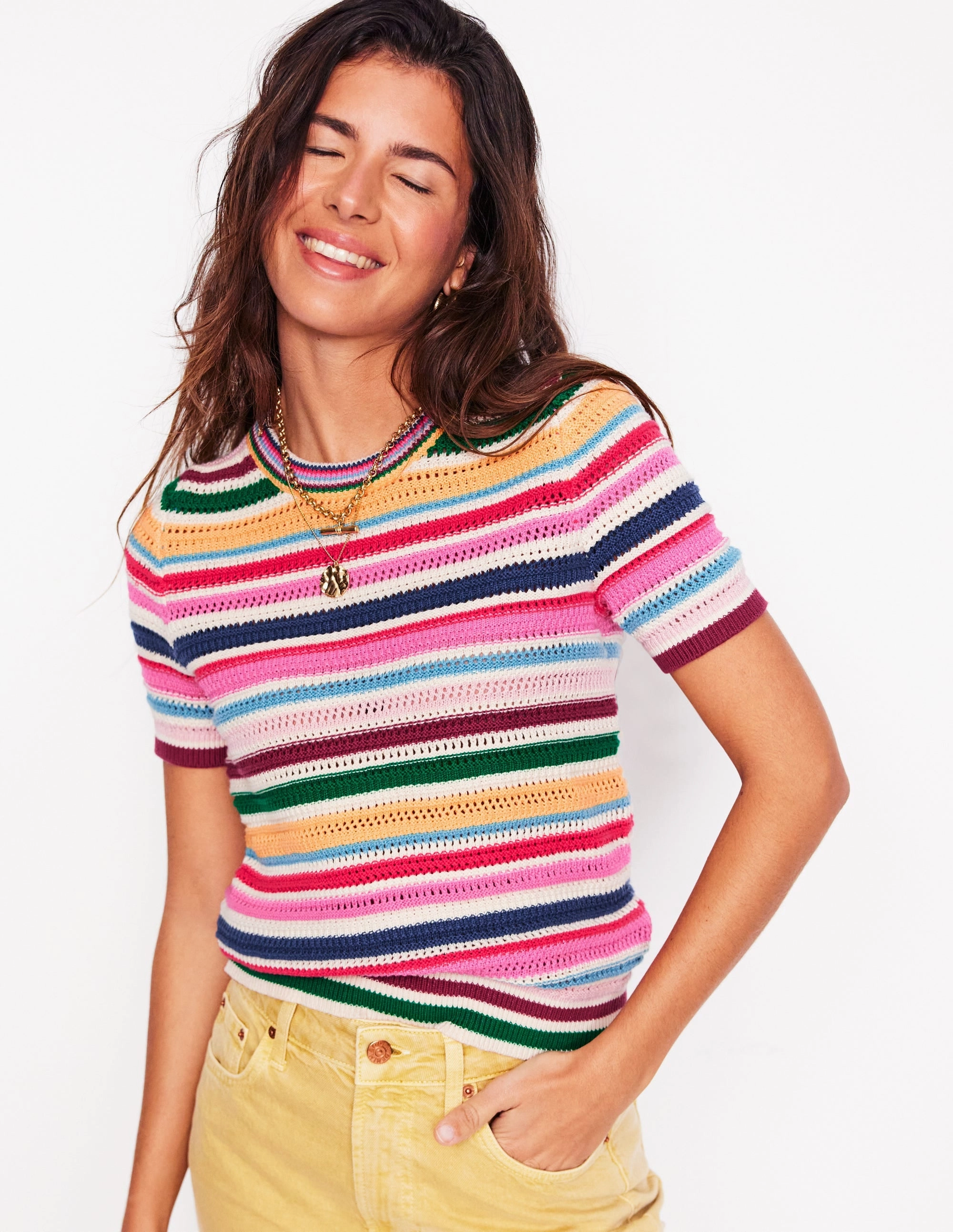 Fashion Ease Textured Stitch T-Shirt-Pink Rose, Terracotta Rainbow